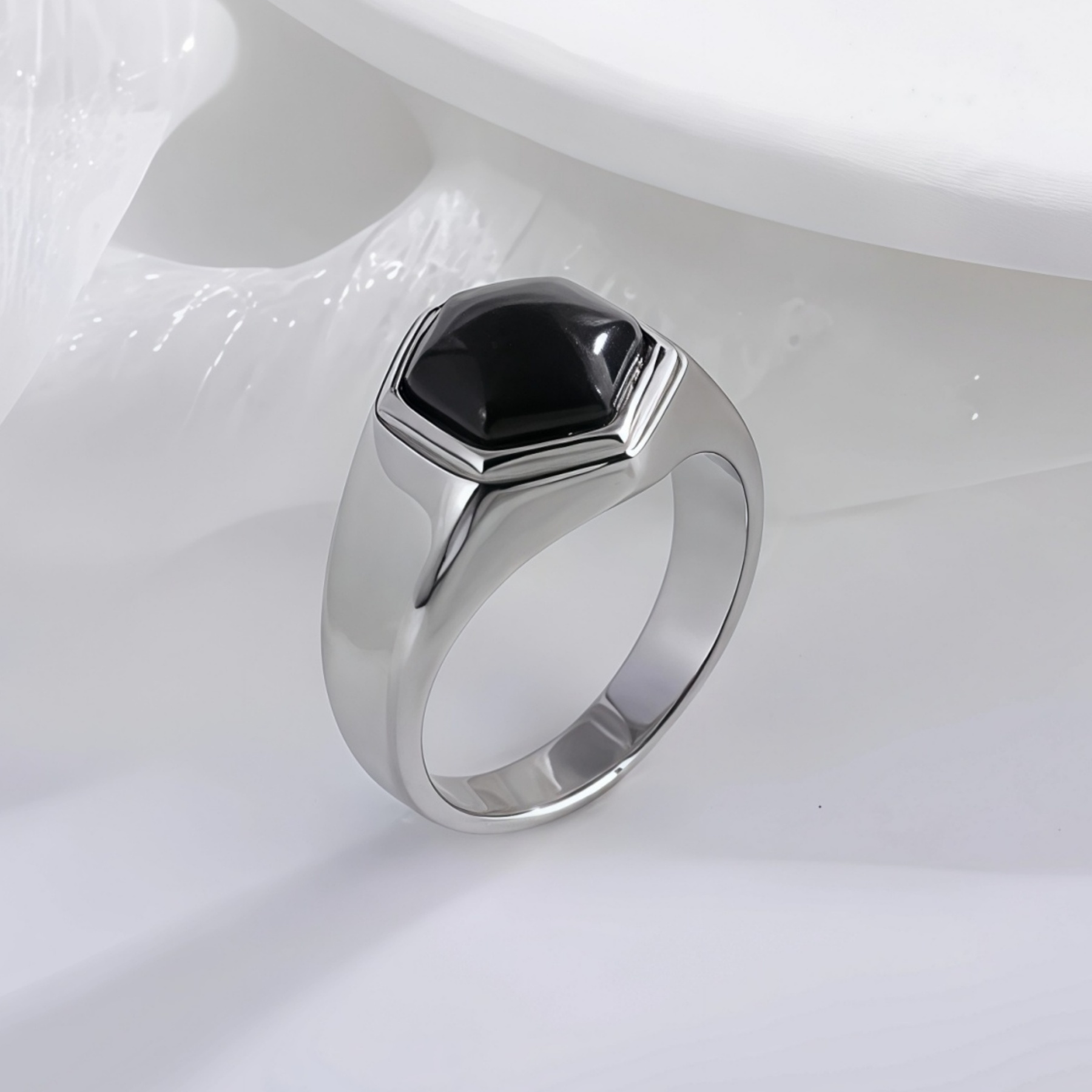 Hexagonal Stainless Steel Ring with Black Gemstone Classic Fashion for Men | K002786-JinBaoJewerly