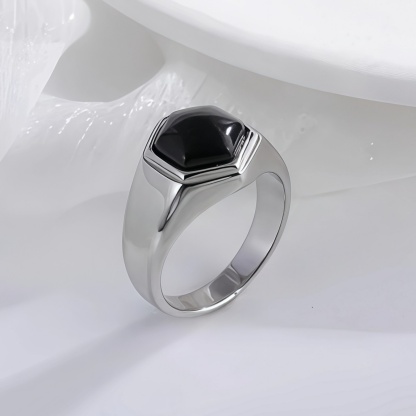 Hexagonal Stainless Steel Ring with Black Gemstone Classic Fashion for Men | K002786-JinBaoJewerly