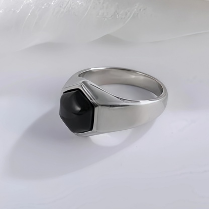 Hexagonal Stainless Steel Ring with Black Gemstone Classic Fashion for Men | K002786-JinBaoJewerly