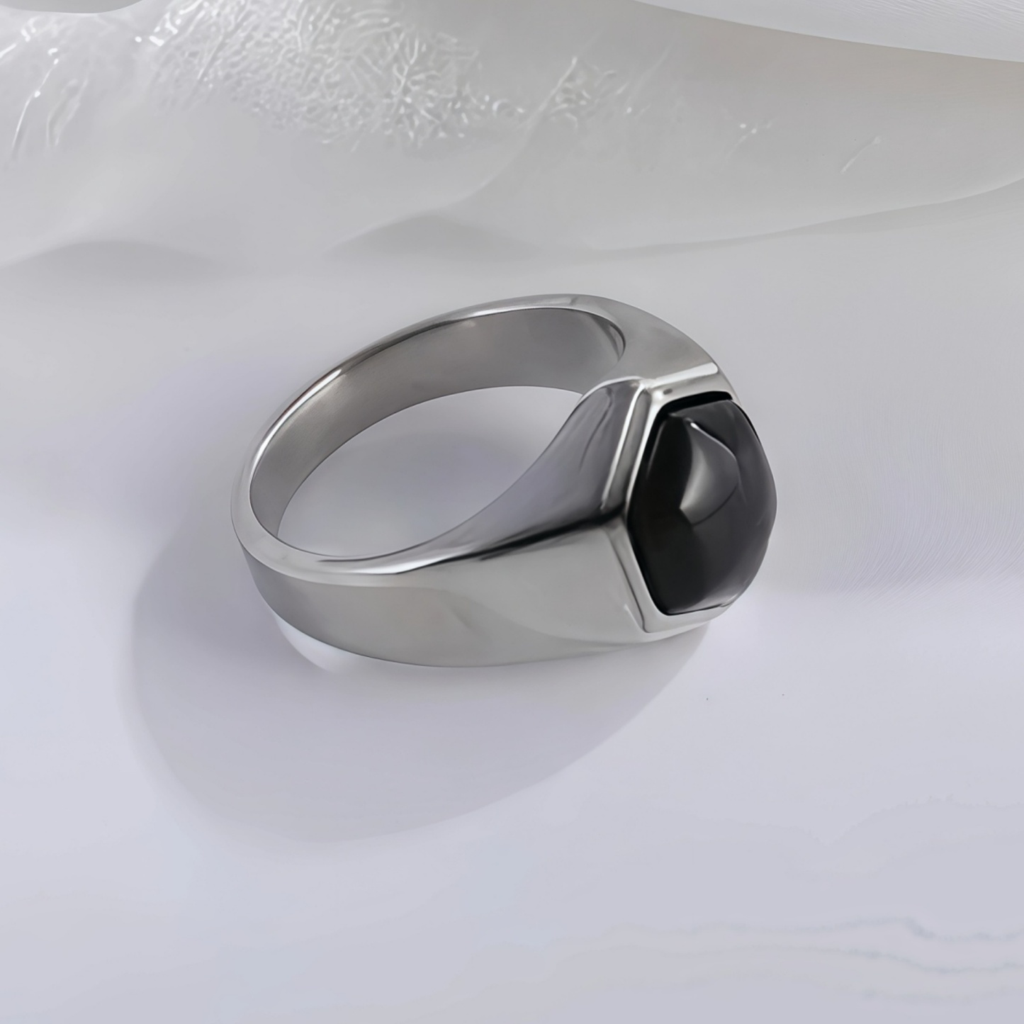 Hexagonal Stainless Steel Ring with Black Gemstone Classic Fashion for Men | K002786-JinBaoJewerly