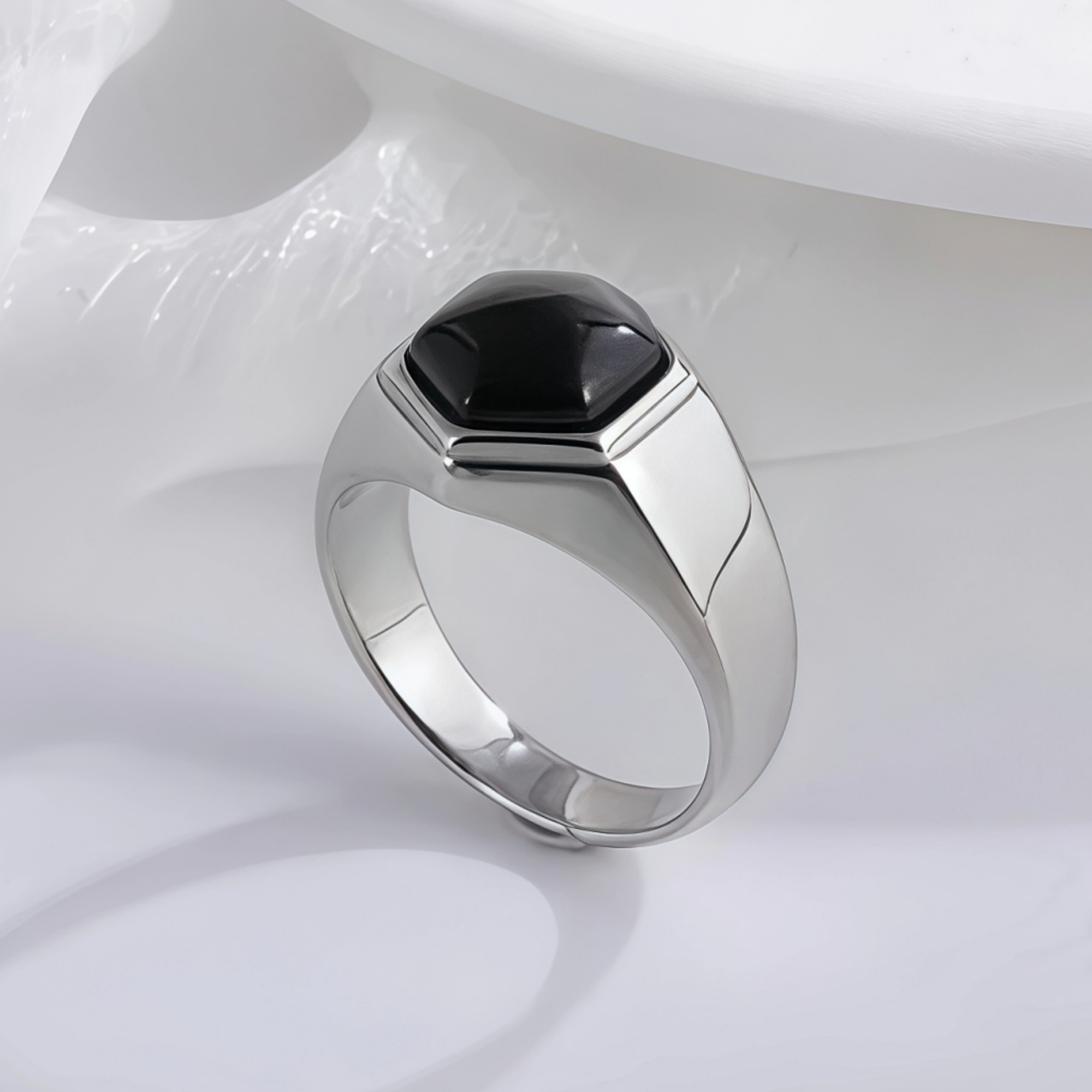 Hexagonal Stainless Steel Ring with Black Gemstone Classic Fashion for Men | K002786-JinBaoJewerly