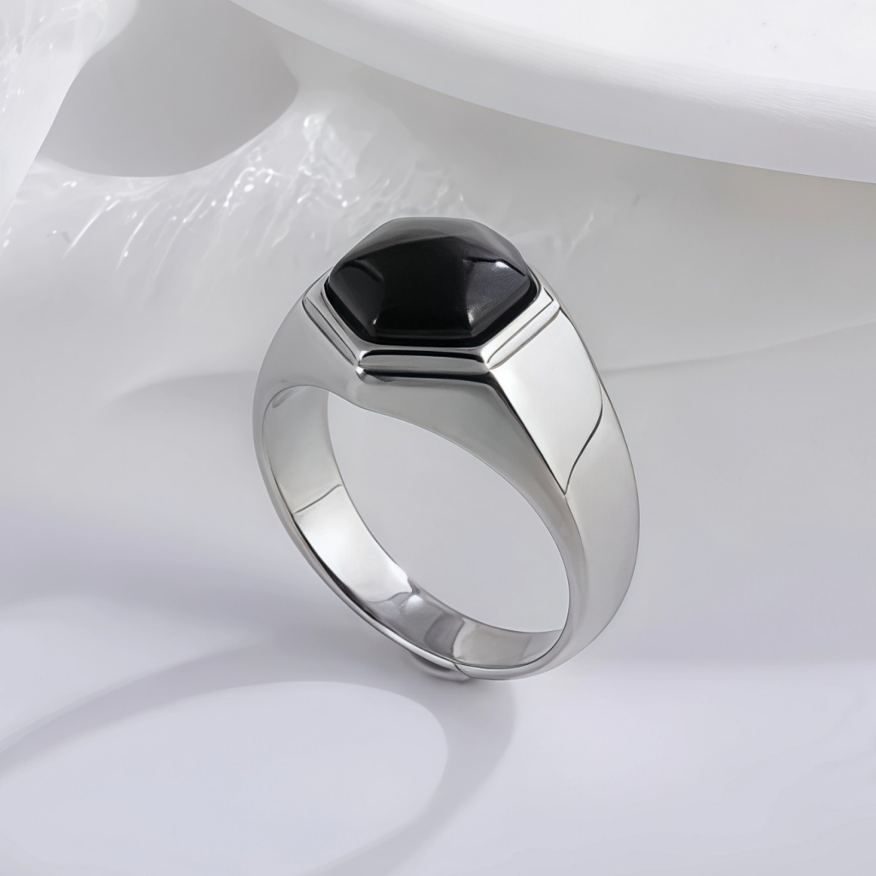 Hexagonal Stainless Steel Ring with Black Gemstone Classic Fashion for Men | K002786-JinBaoJewerly