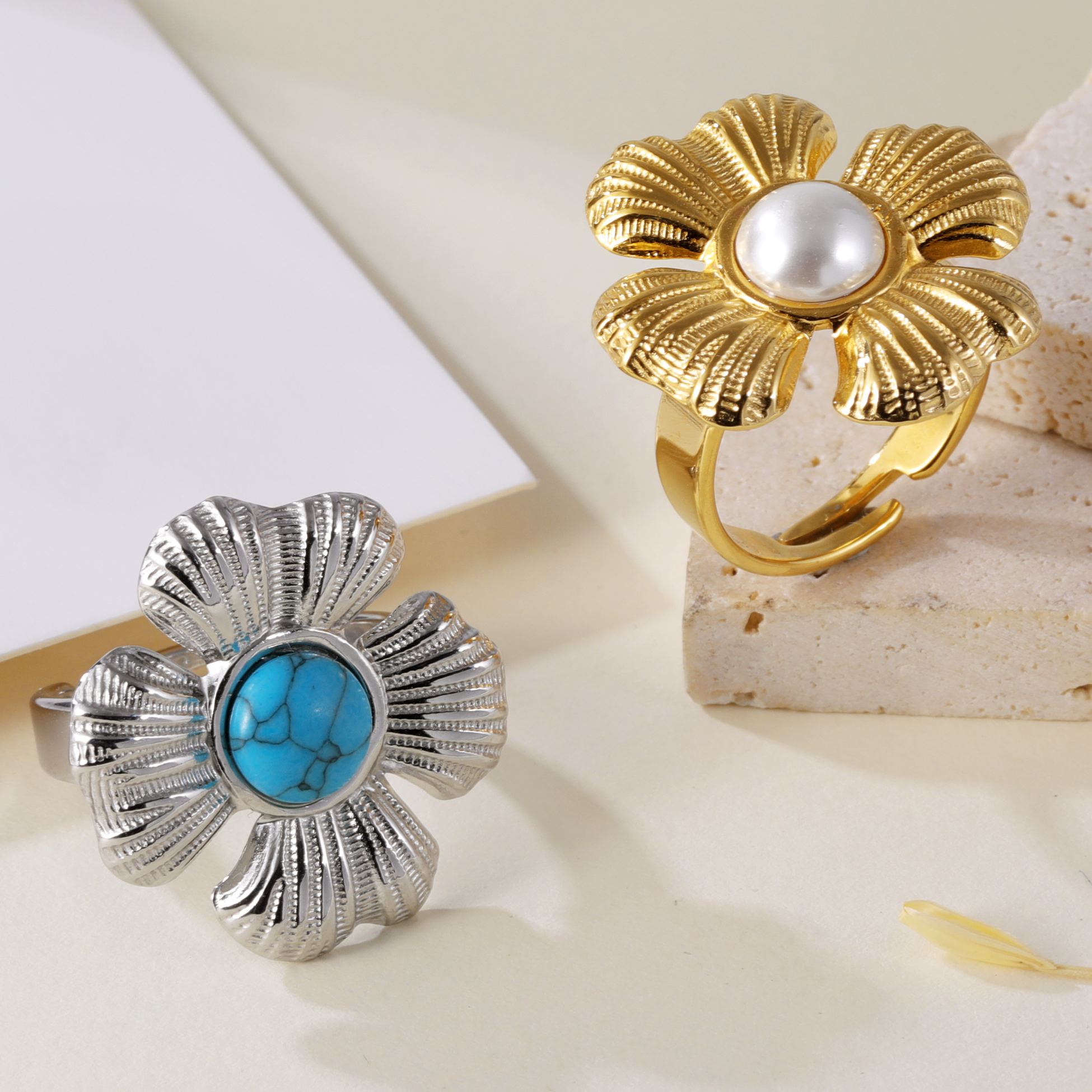 Vintage Flower Design Pearl Natural Stone Embellished Stainless Steel Adjustable Women's Ring | G005542-JinBaoJewerly