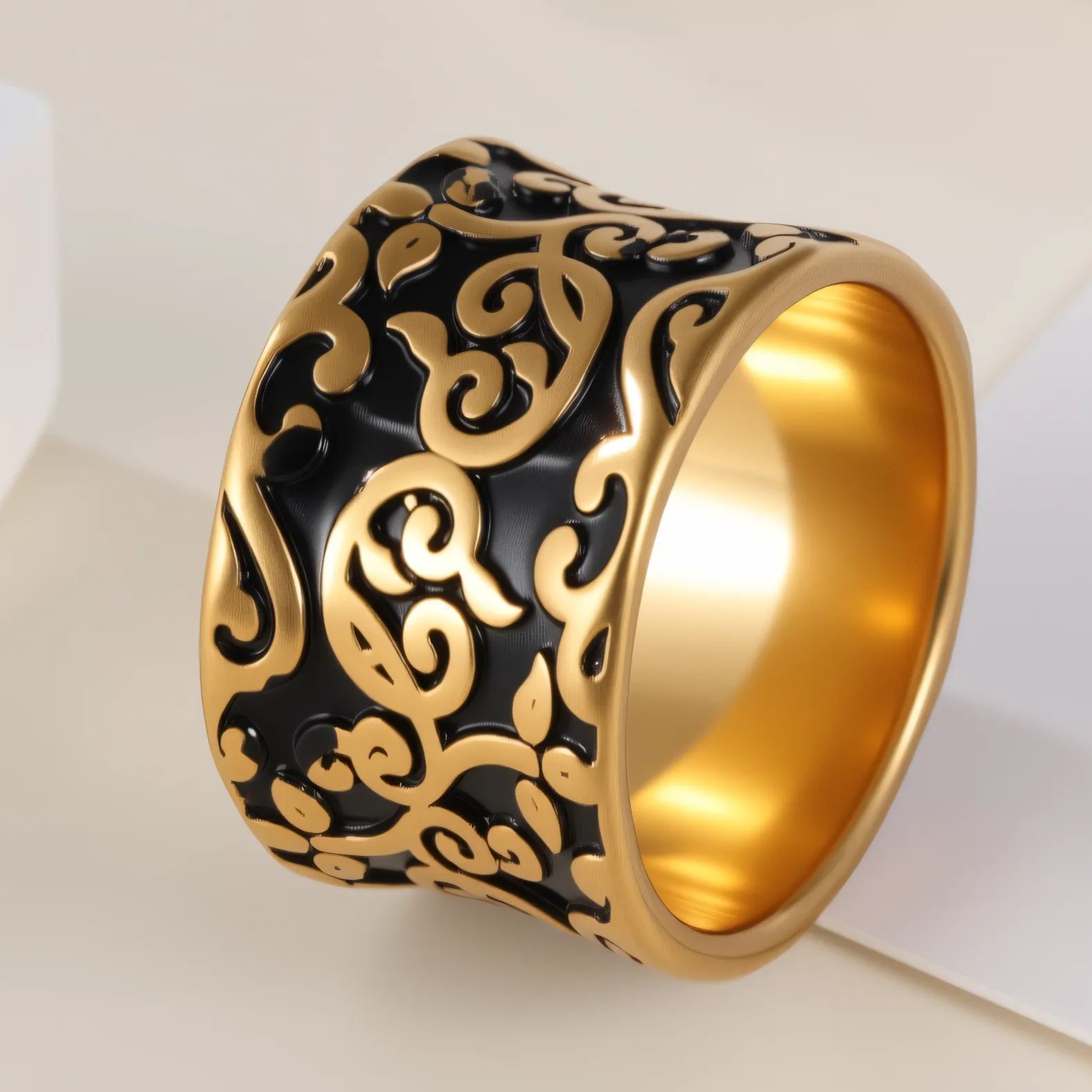 Exquisite Carved Texture Black And Gold Stainless Steel Men's Ring-JinBaoJewerly