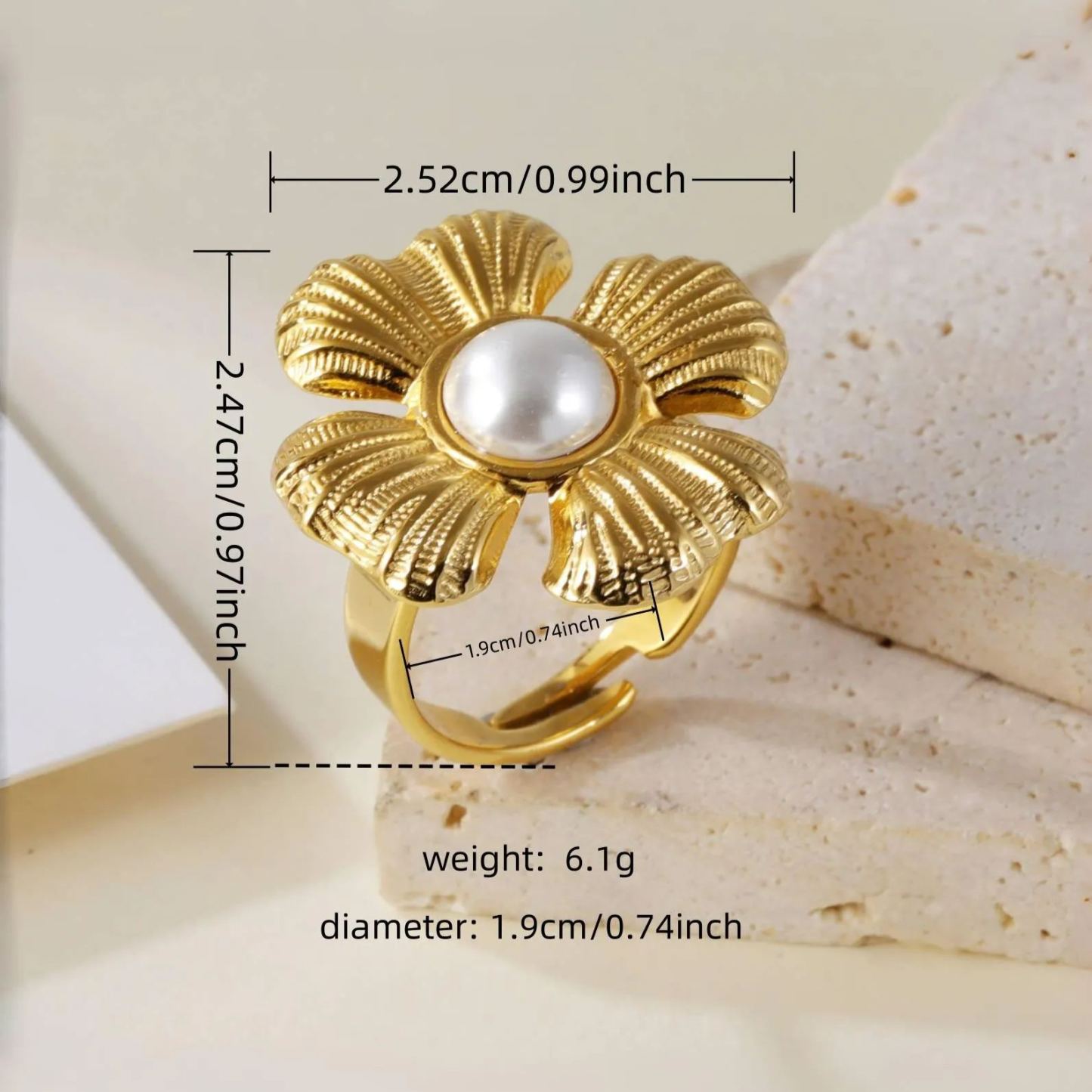 Vintage Flower Design Pearl Natural Stone Embellished Stainless Steel Adjustable Women's Ring | G005542-JinBaoJewerly