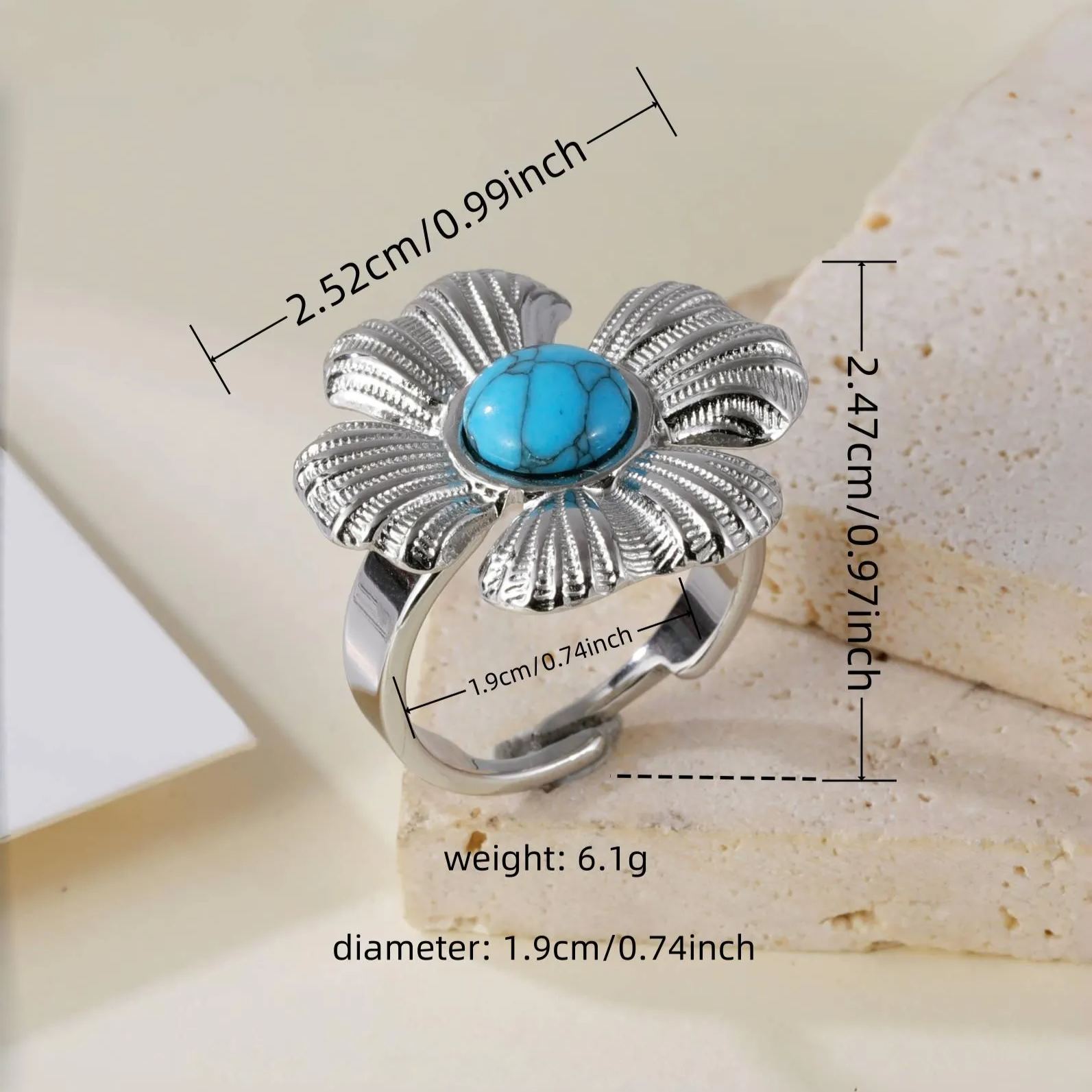 Vintage Flower Design Pearl Natural Stone Embellished Stainless Steel Adjustable Women's Ring | G005542-JinBaoJewerly