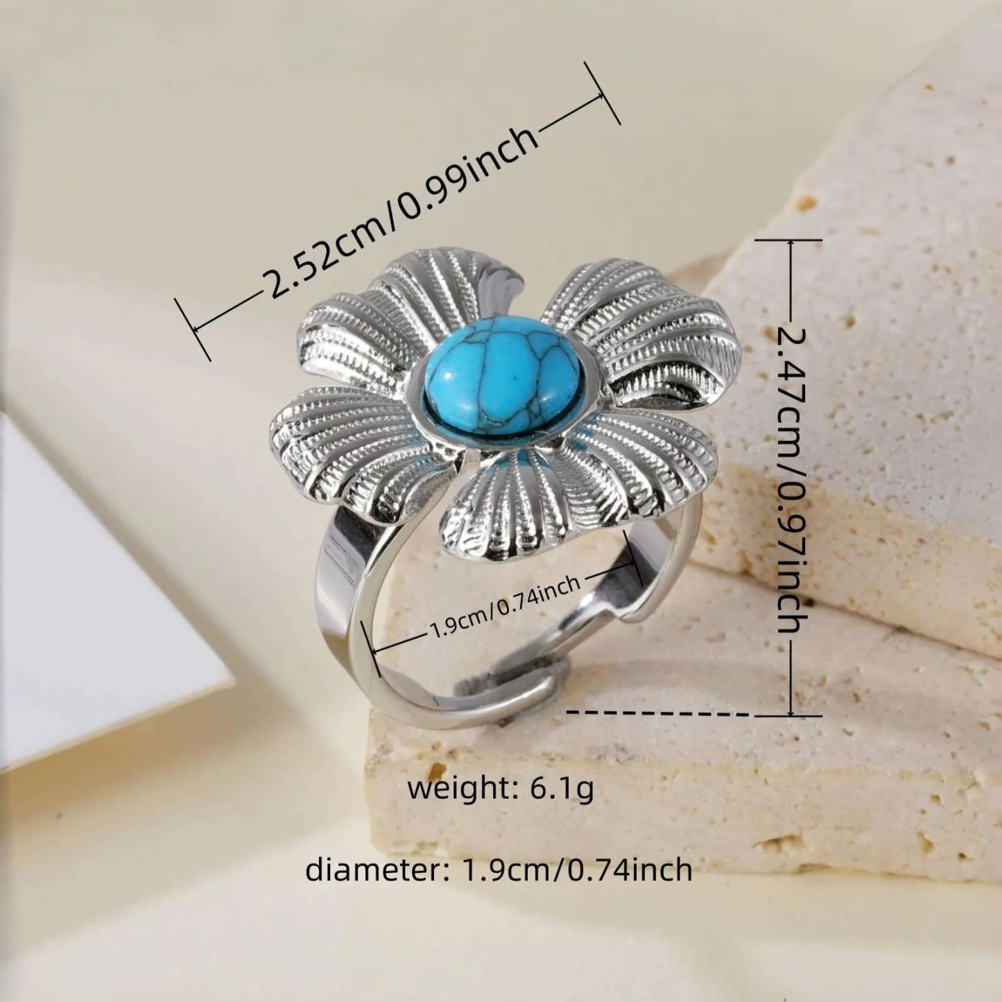 Vintage Flower Design Pearl Natural Stone Embellished Stainless Steel Adjustable Women's Ring | G005542-JinBaoJewerly
