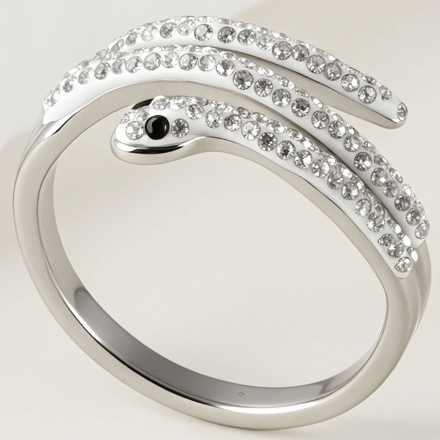 Stylish Diamond-Inlaid Snake-Shaped Silver Stainless Steel Women's Ring丨IBH-47-JinBaoJewerly