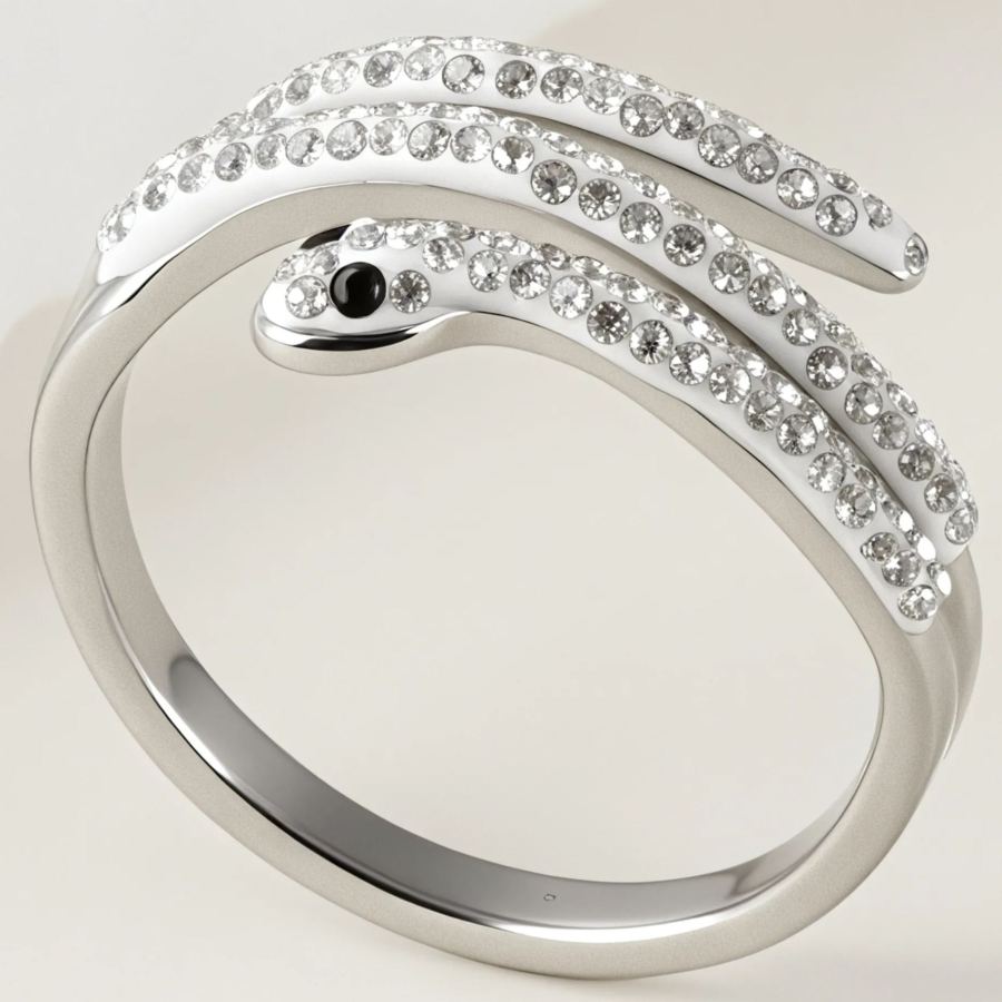 Stylish Diamond-Inlaid Snake-Shaped Silver Stainless Steel Women's Ring丨IBH-47