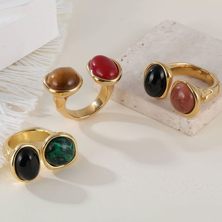 Open Stainless Steel Double Gemstone Ring Minimalist Design for Women | G004555J