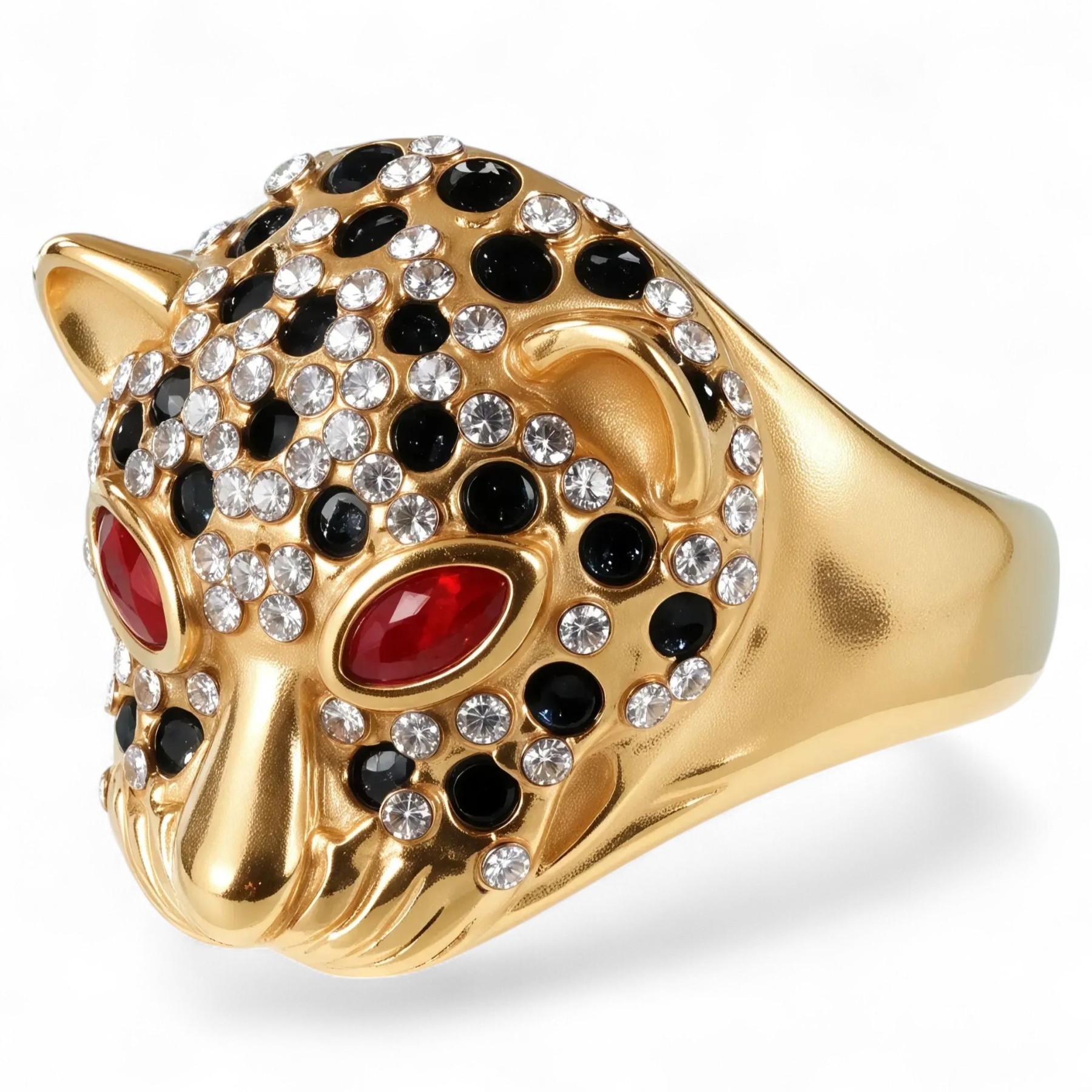 Panther Head Shining Hip Hop Inlaid Red And Black Brick Design Gold Stainless Steel Ring丨G00981-JinBaoJewerly