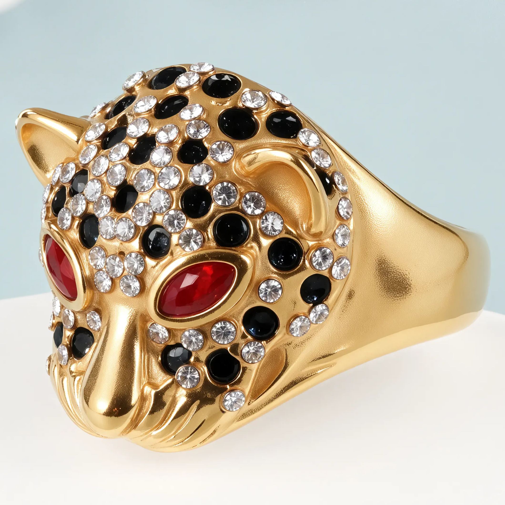 Panther Head Shining Hip Hop Inlaid Red And Black Brick Design Gold Stainless Steel Ring丨G00981-JinBaoJewerly