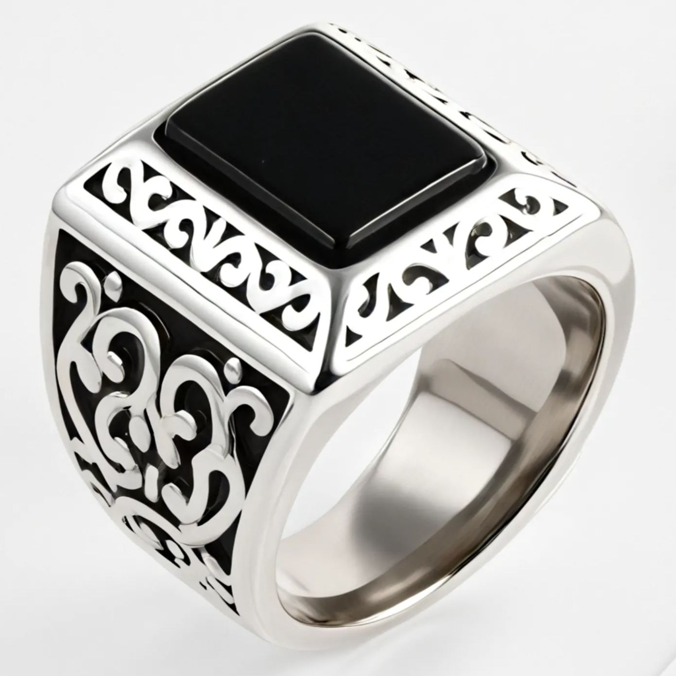 Vintage Black Square Gemstone Men's Stainless Steel Ring | K00148-JinBaoJewerly