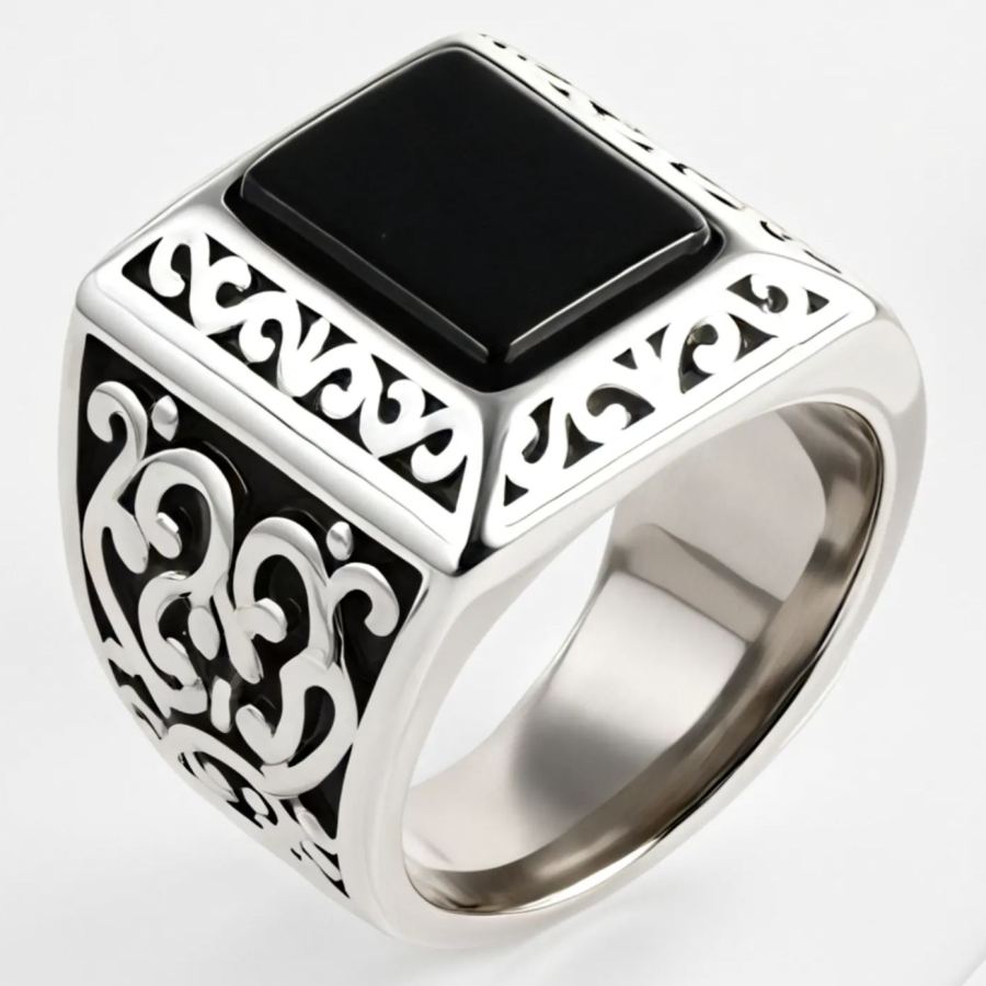 Vintage Black Square Gemstone Men's Stainless Steel Ring | K00148