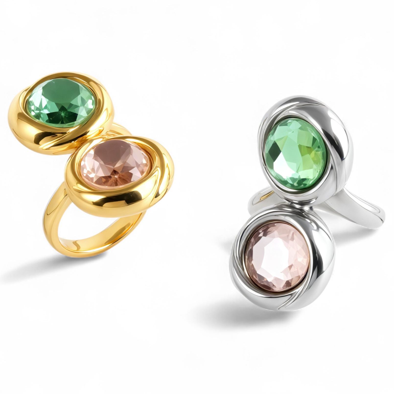 Elegant Stainless Steel Ring with Double Gemstone Design for Women |  G004502-JinBaoJewerly