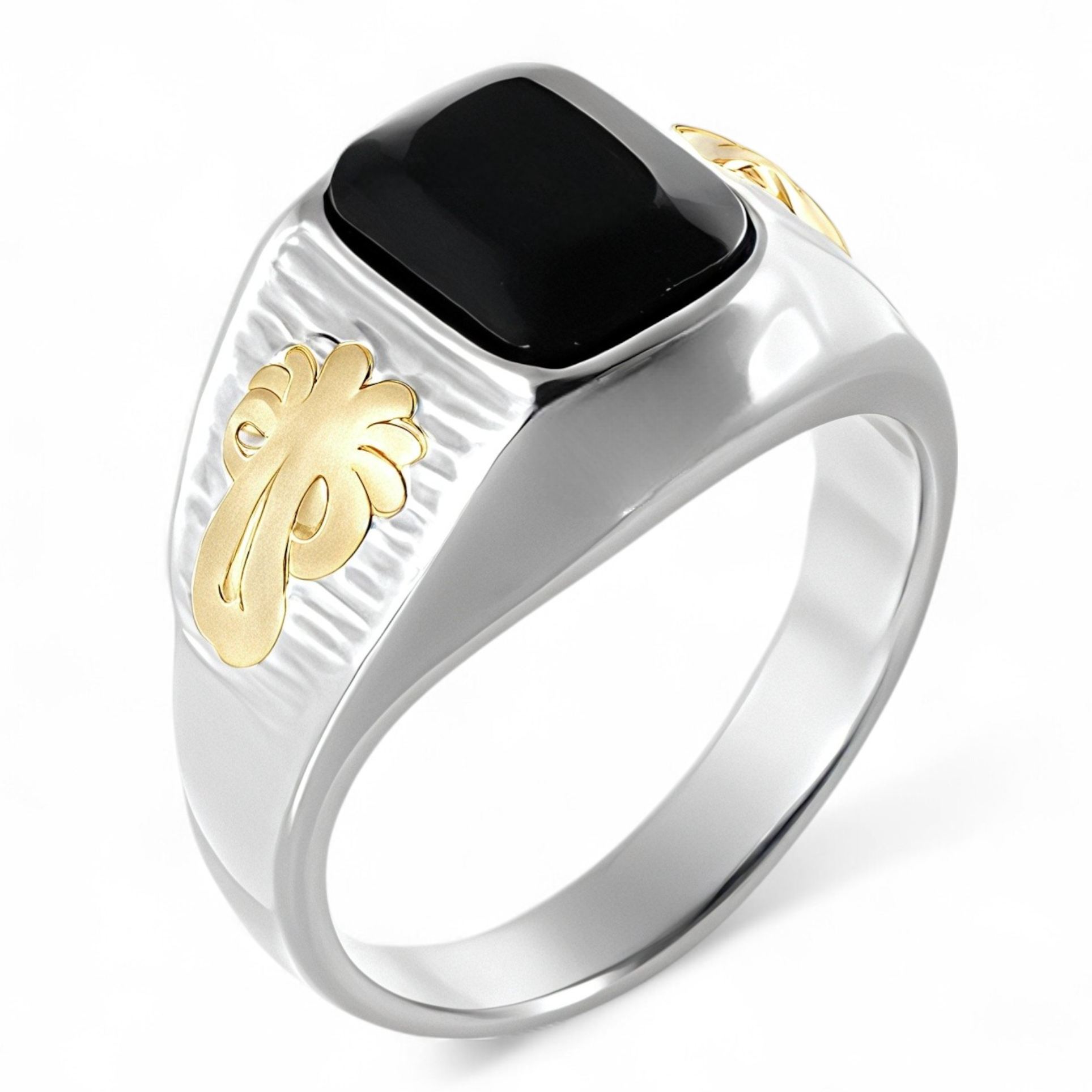 Classic Sunflower Black Gemstone Stainless Steel Ring for Men | K002789-JinBaoJewerly