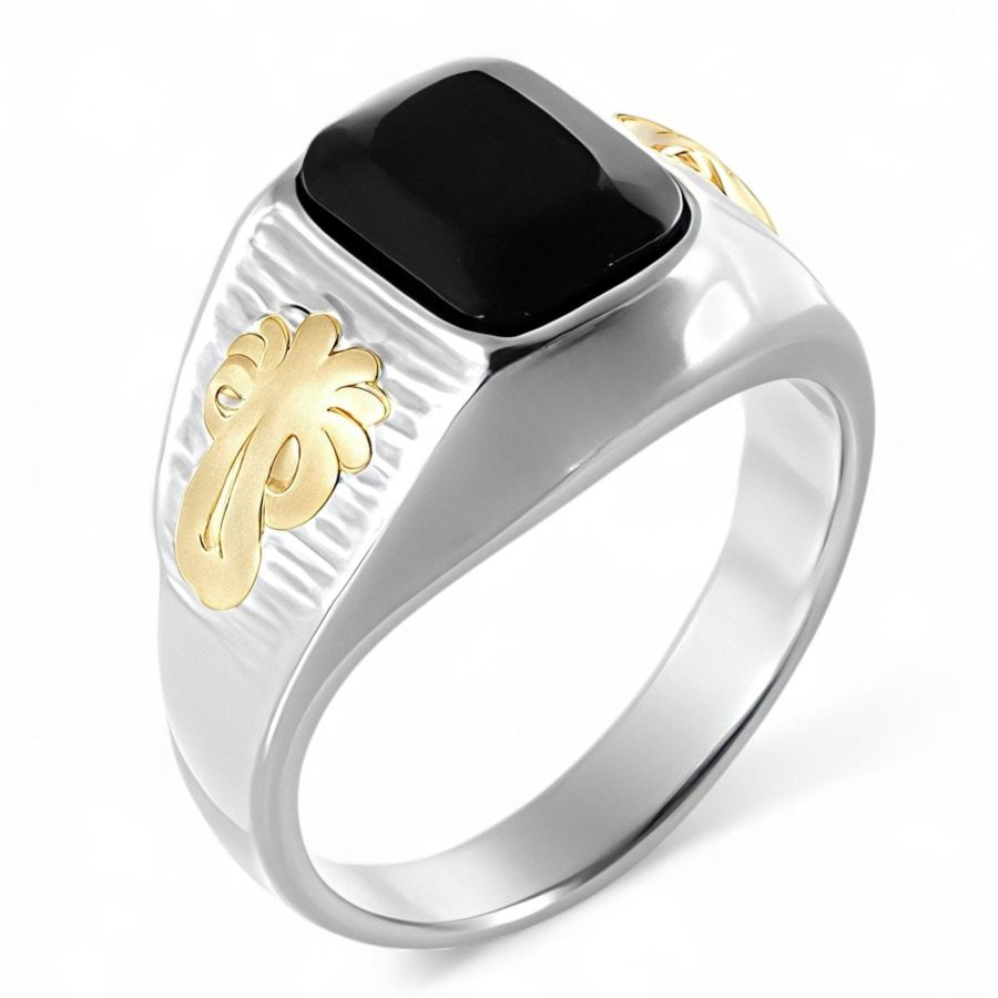 Classic Sunflower Black Gemstone Stainless Steel Ring for Men | K002789