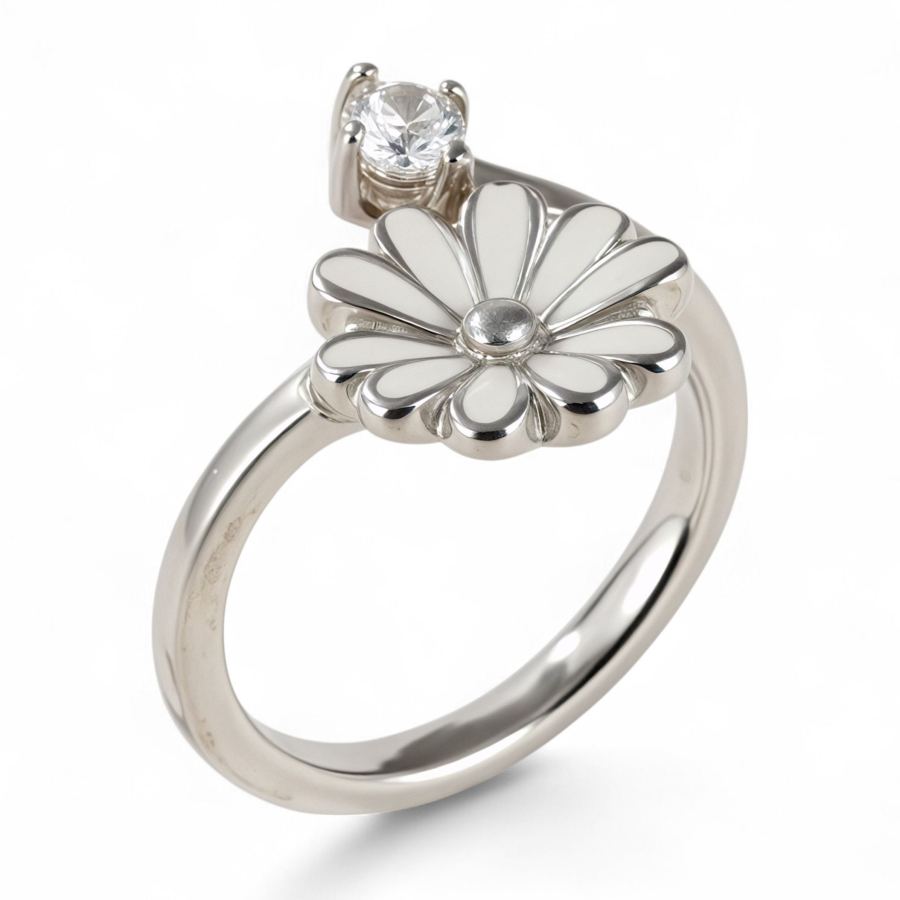 White Chick Chrysanthemum Petals Inlaid With Diamonds Us#4 Ultra-Small Stainless Steel Women's Ring丨K0784