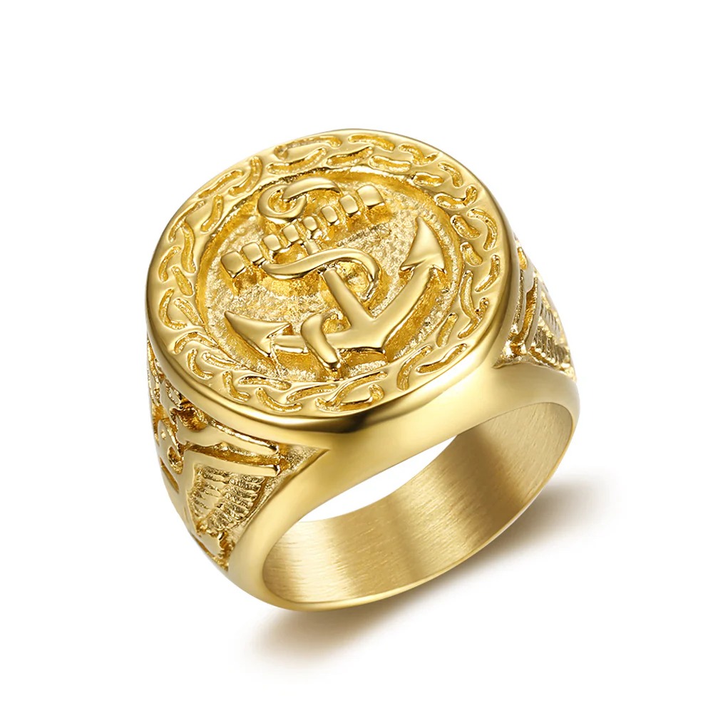 24-K Gold-Plated Retro Boat Anchor Design Signet Men's Stainless Steel Waterproof Ring丨DZ1168G-JinBaoJewerly
