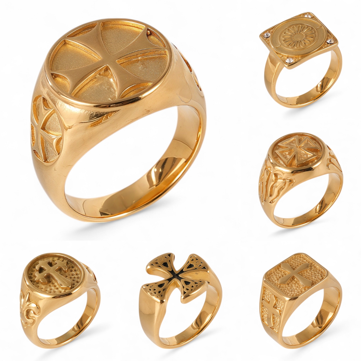 24K Gold PVD Stainless Steel Titanium Cross Pattern Men's Ring-JinBaoJewerly