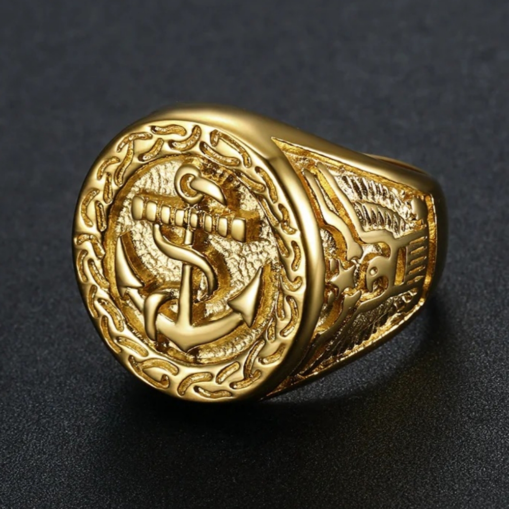 24-K Gold-Plated Retro Boat Anchor Design Signet Men's Stainless Steel Waterproof Ring丨DZ1168G-JinBaoJewerly