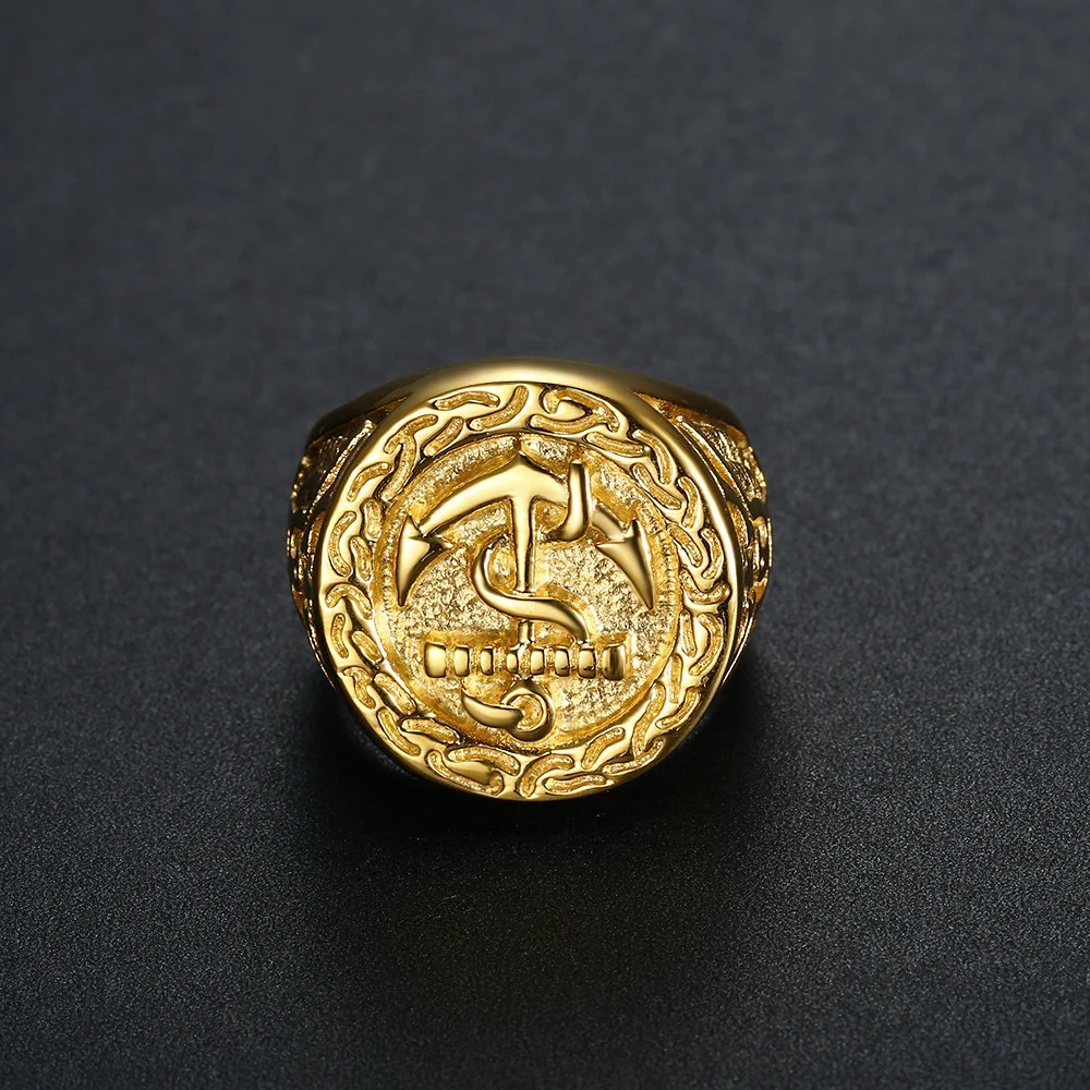 24-K Gold-Plated Retro Boat Anchor Design Signet Men's Stainless Steel Waterproof Ring丨DZ1168G-JinBaoJewerly