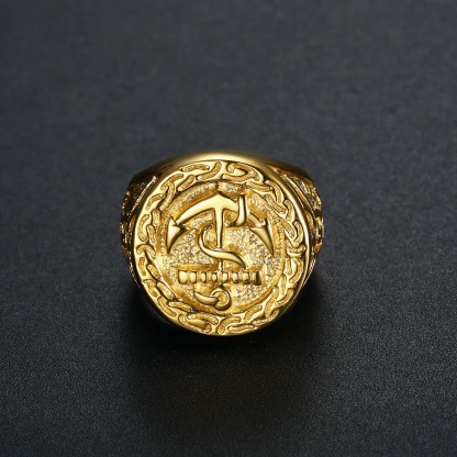 24-K Gold-Plated Retro Boat Anchor Design Signet Men's Stainless Steel Waterproof Ring丨DZ1168G-JinBaoJewerly