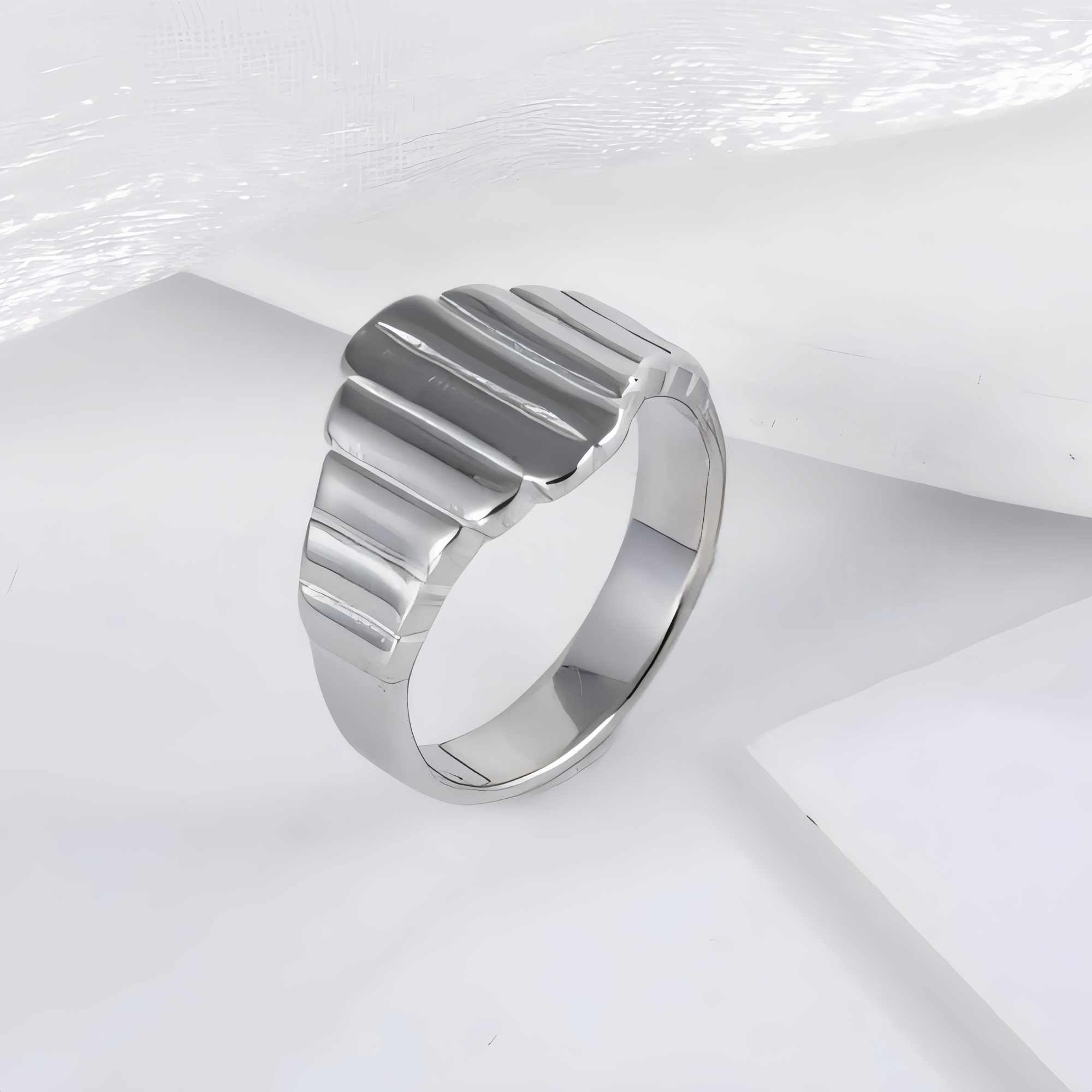 Modern Stainless Steel Textured Stripe Signet Ring for Women | N001502-JinBaoJewerly