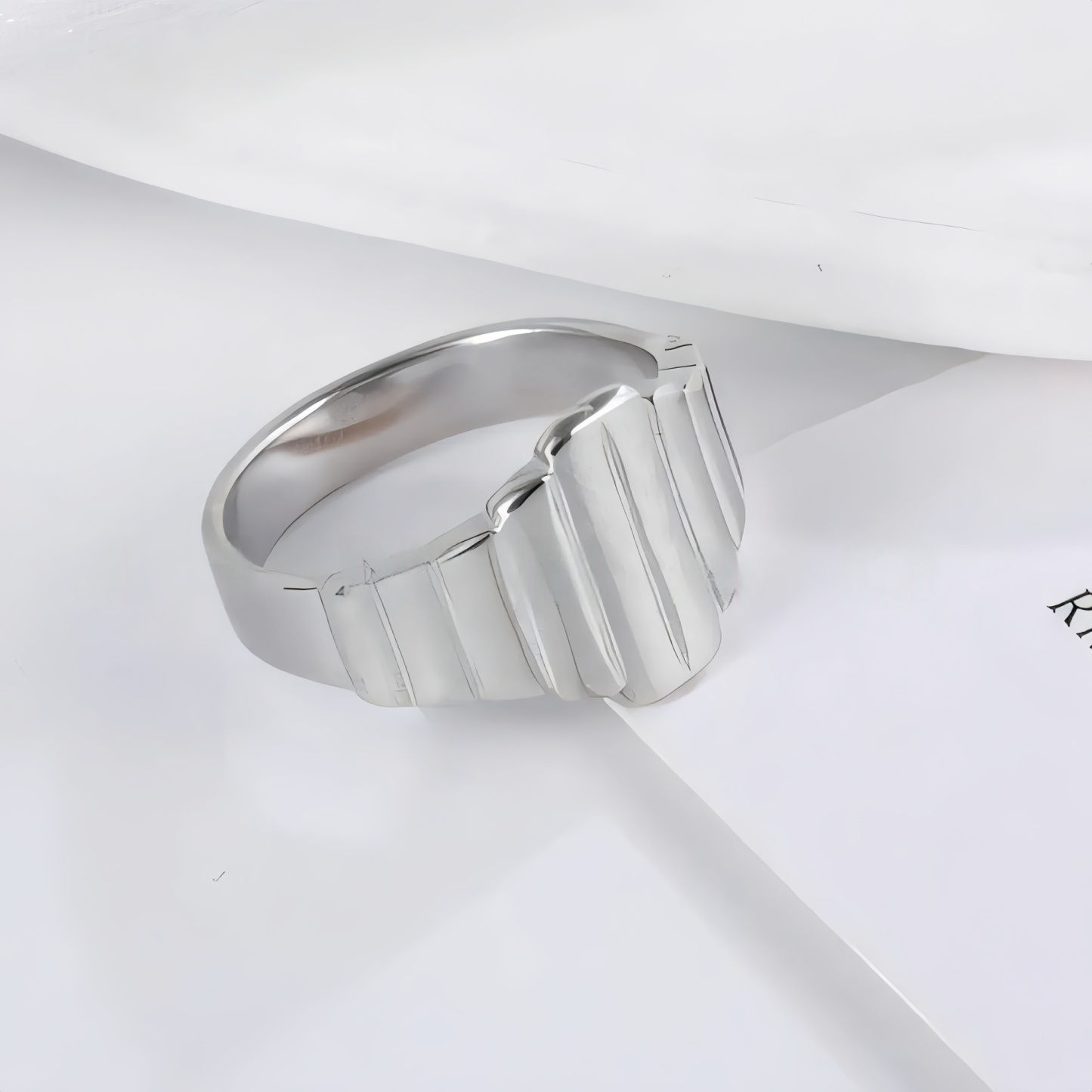 Modern Stainless Steel Textured Stripe Signet Ring for Women | N001502-JinBaoJewerly