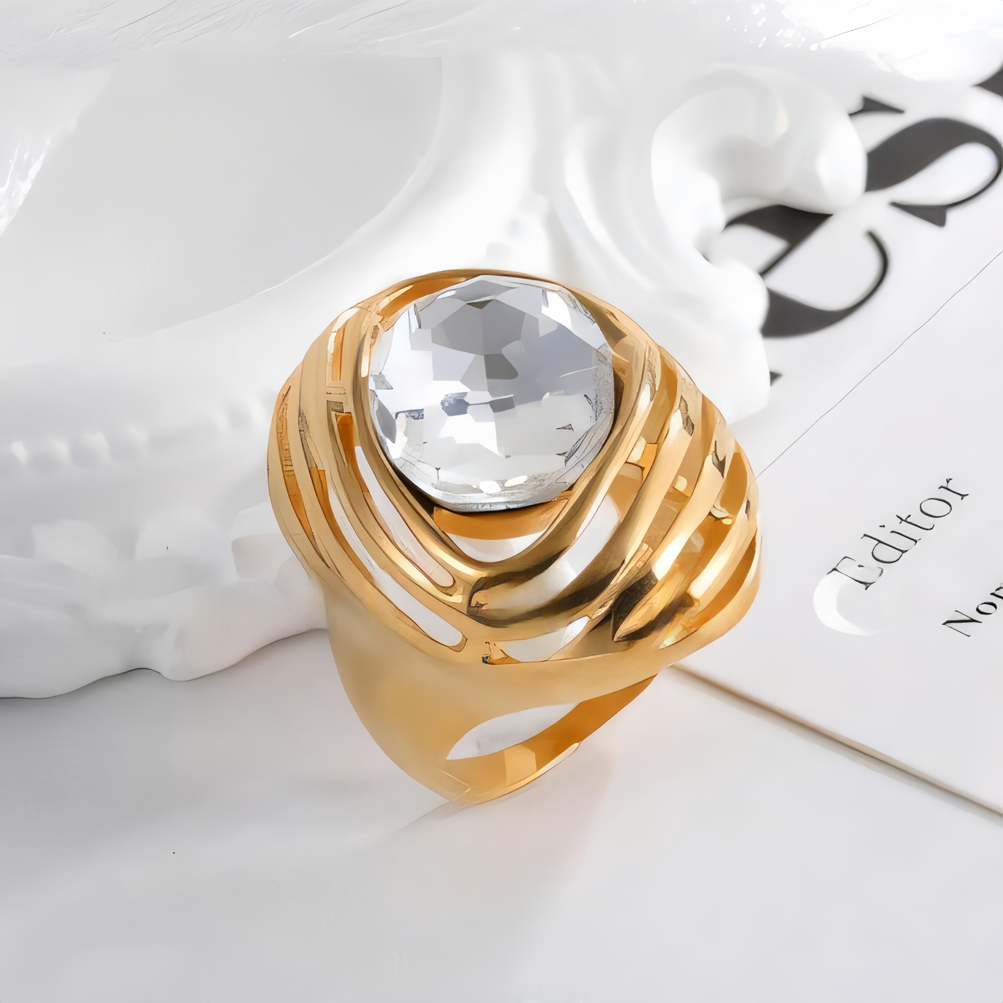 Modern Vintage Design Elegant Stainless Steel Gemstone Ring for Women | G004501-JinBaoJewerly