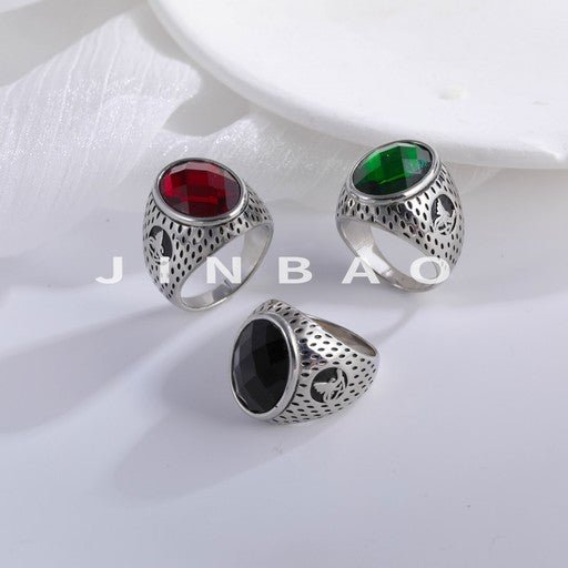 Multicolor Gemstone Inlaid Retro Engraved Stainless Steel Men's Ring | K002300-JinBaoJewerly