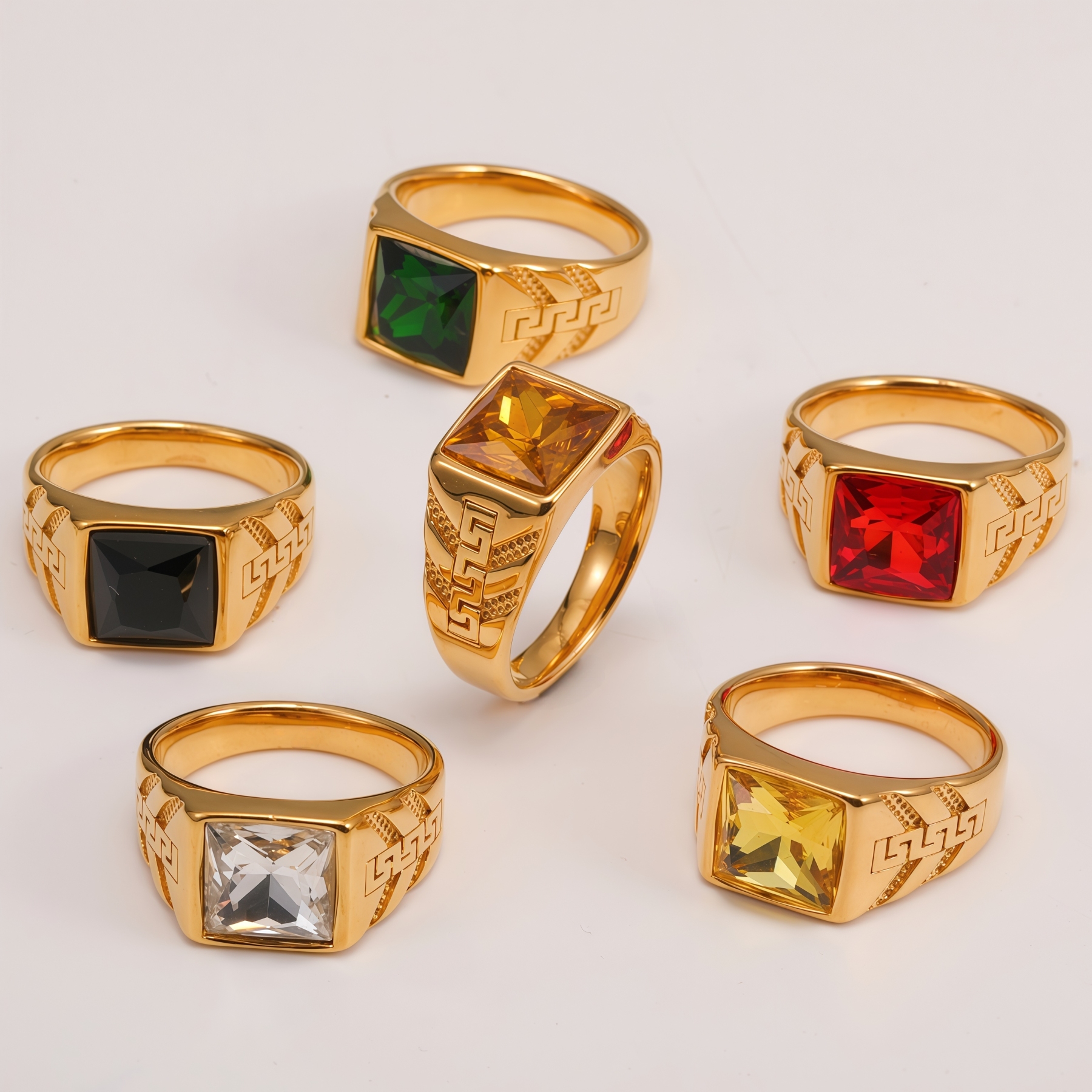 Square Gemstone Stainless Steel Ring Greek Key Design for Men | BL1099J