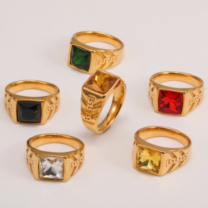 Square Gemstone Stainless Steel Ring Greek Key Design for Men | BL1099J