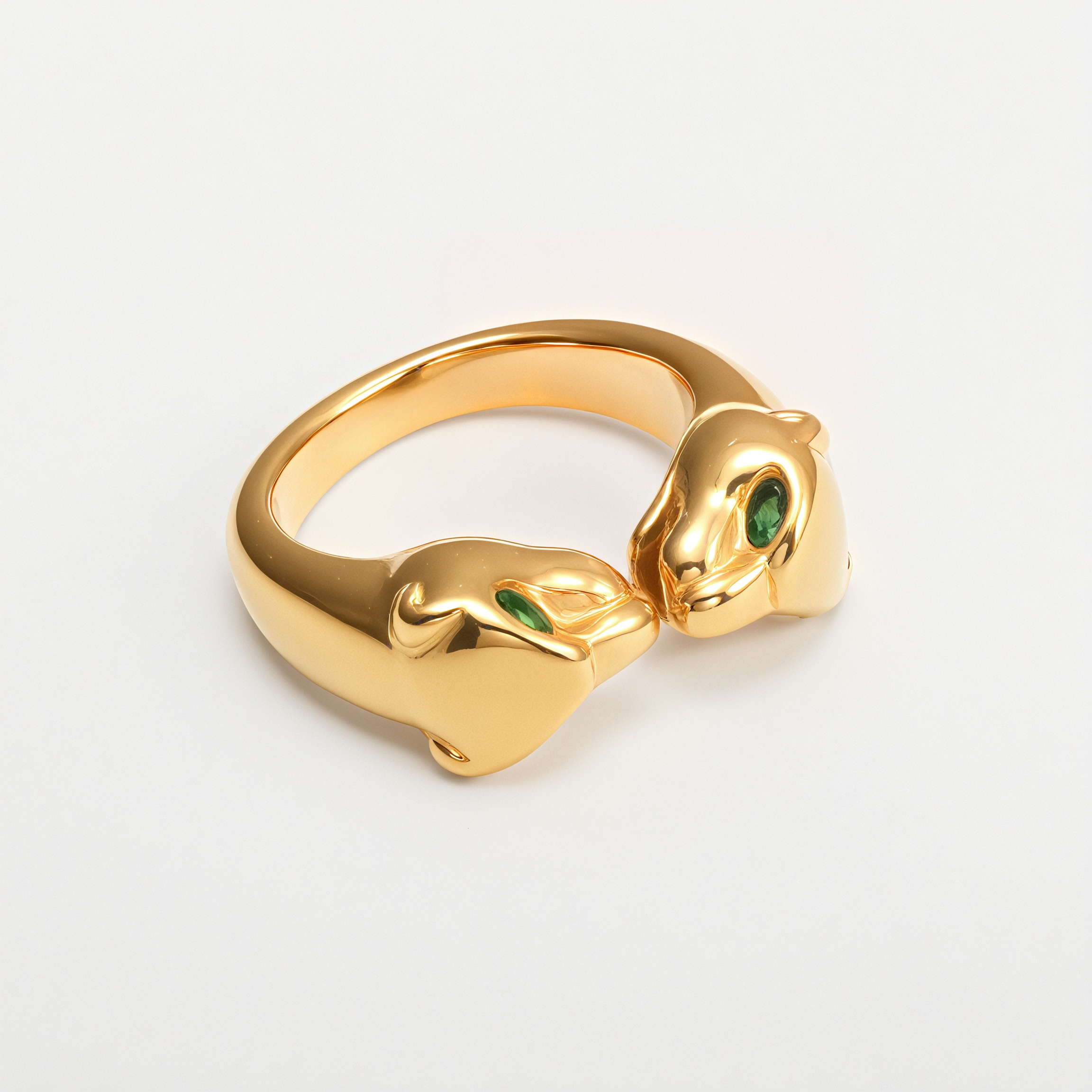 24K Gold Plated Stainless Steel Double - Panther Head Ring with Green Stones丨G006105-JinBaoJewerly