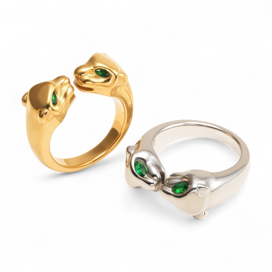 Gold Stainless Steel Women's Double Panther Green Gem Open Ring丨G006105