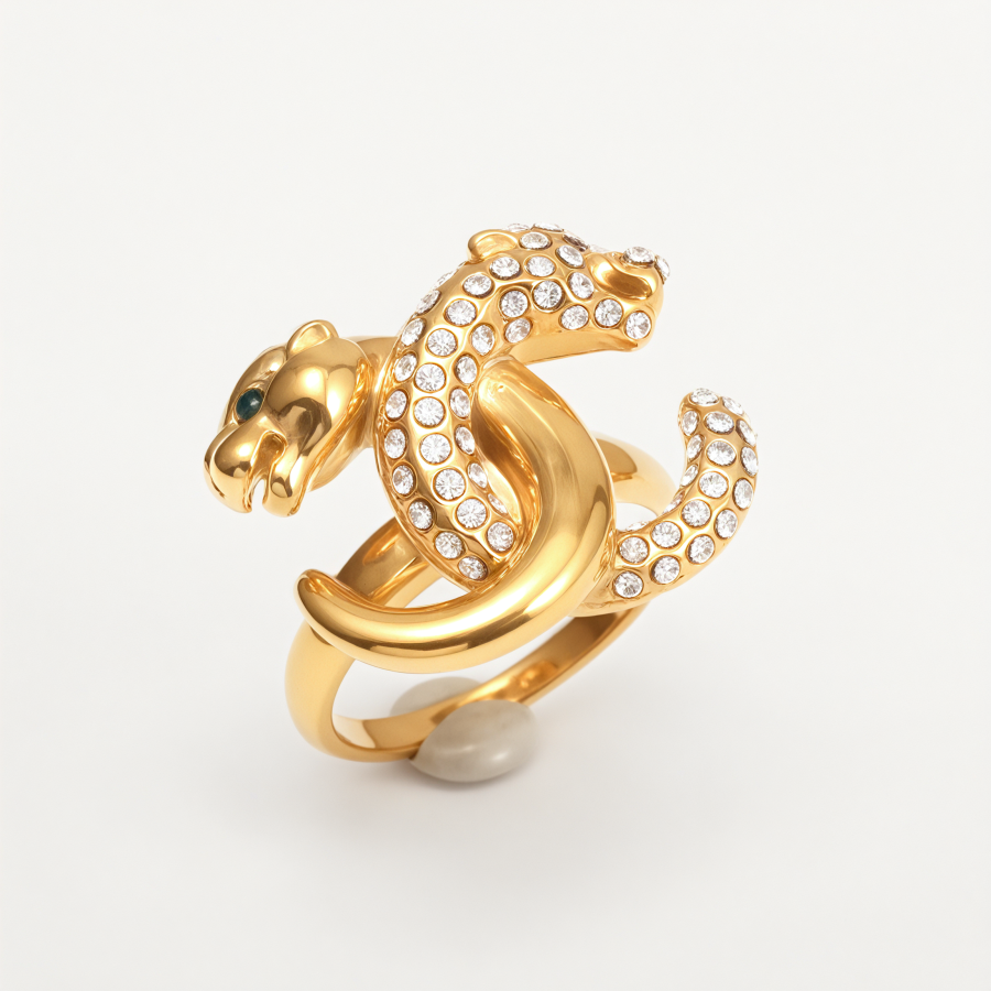 Luxury Leopard Inlay Emerald Diamond Stainless Steel Unisex Ring丨G004093