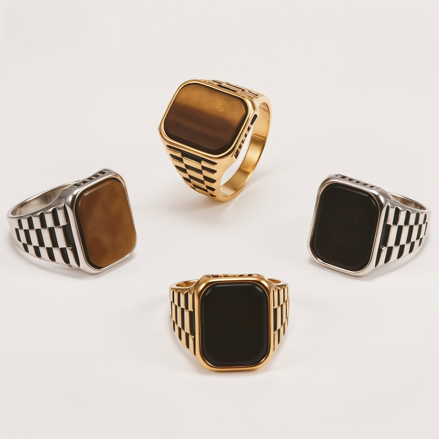 Vintage Square Stone Onyx Textured Band Multi Style Men's Ring | K002750