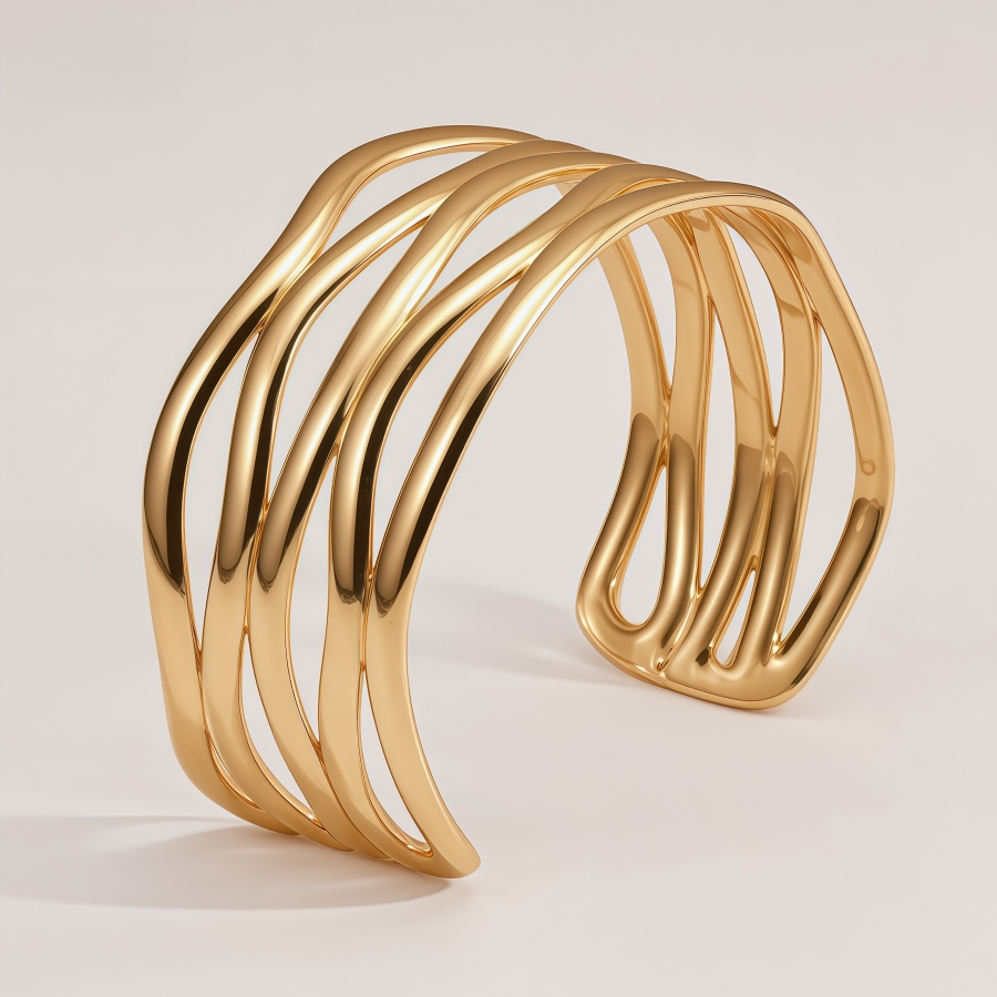 Stainless Steel Gold Plated Wave Hollow Out Wide Cuff Bangle for Women