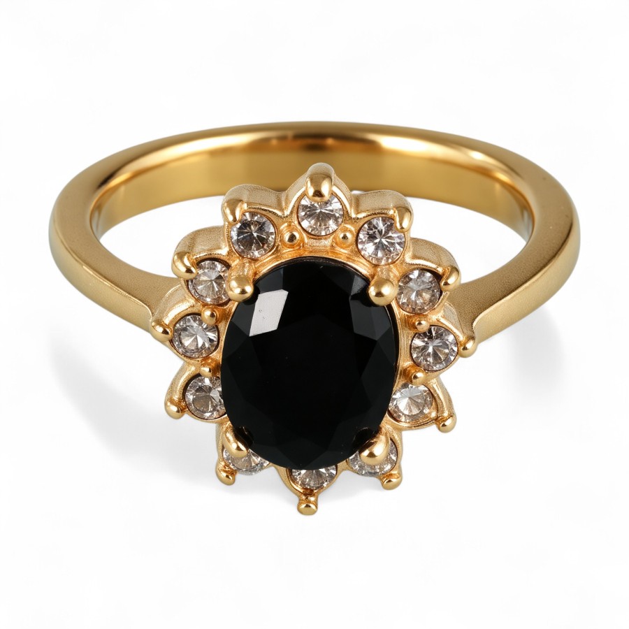 Stylish Black Gemstone Flower-Shaped Stainless Steel Women's Ring丨BL504J