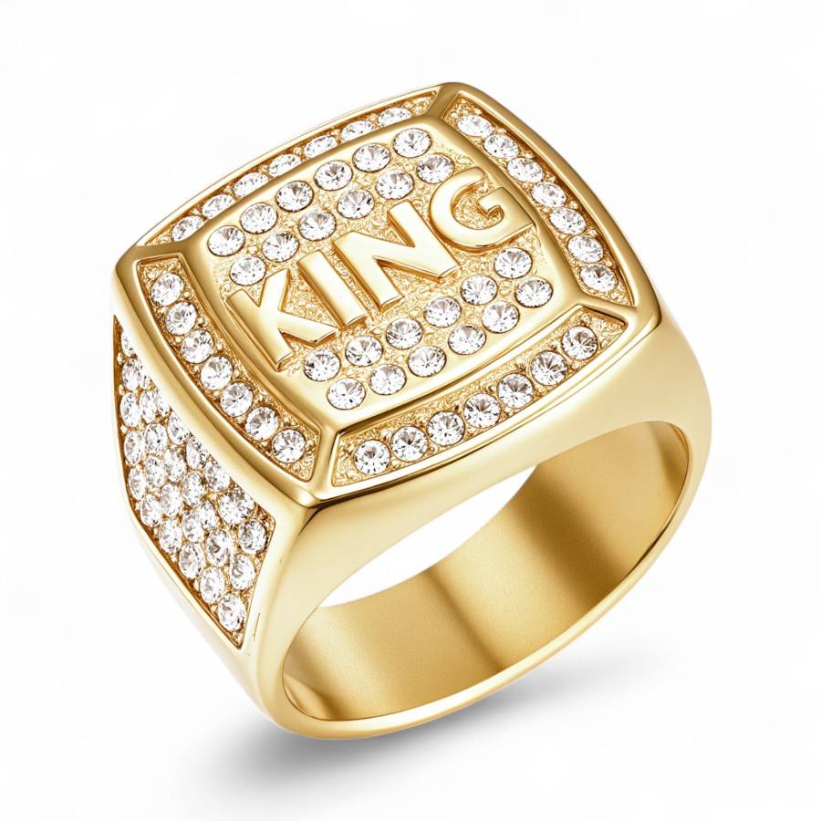 Hip Hop Ring Titanium Steel Vacuum Plated Rhinestone King Men's Ring丨G003309J