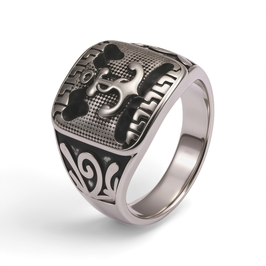 Vintage Boat Anchor Design With Black Gemstone Inlaid Men's Ring