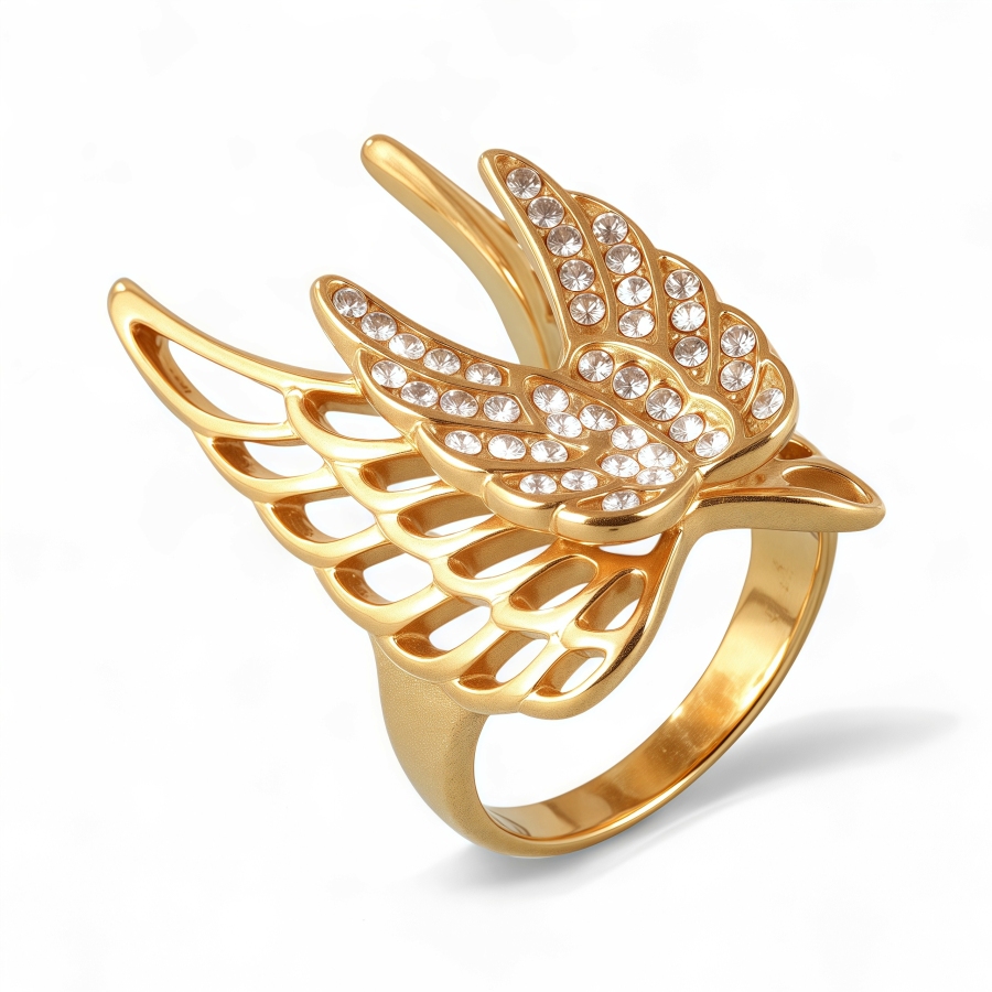 24k Gold Inlaid Crystal Wing Pattern Stainless Steel Female Ring丨C-306