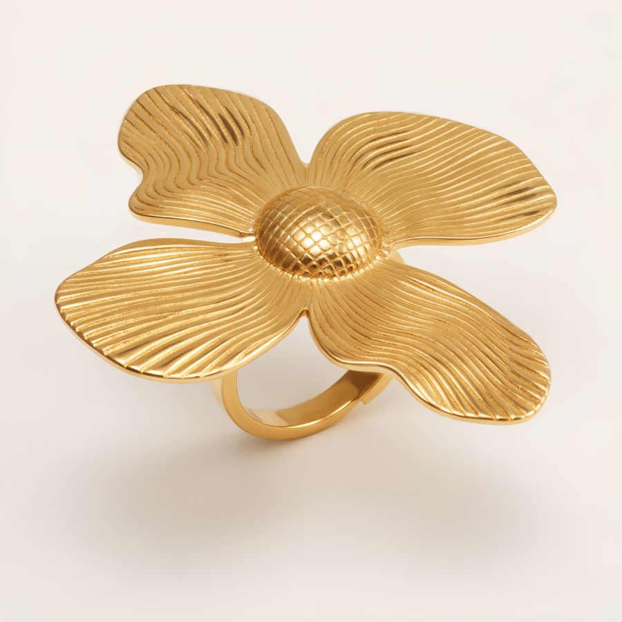 Gold Stainless Steel Women's Flower Statement Ring - Textured Petals | G006211J