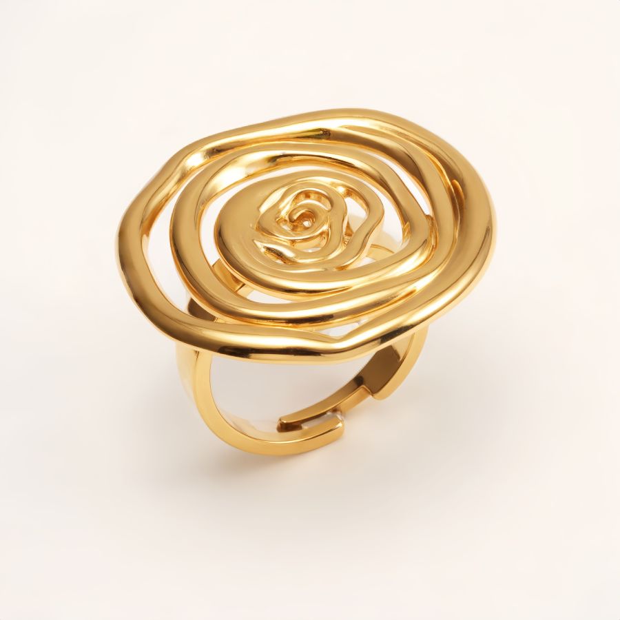 Gold Stainless Steel Women's Rose Statement Ring - Adjustable Band, Fashion Jewelry | G005243J