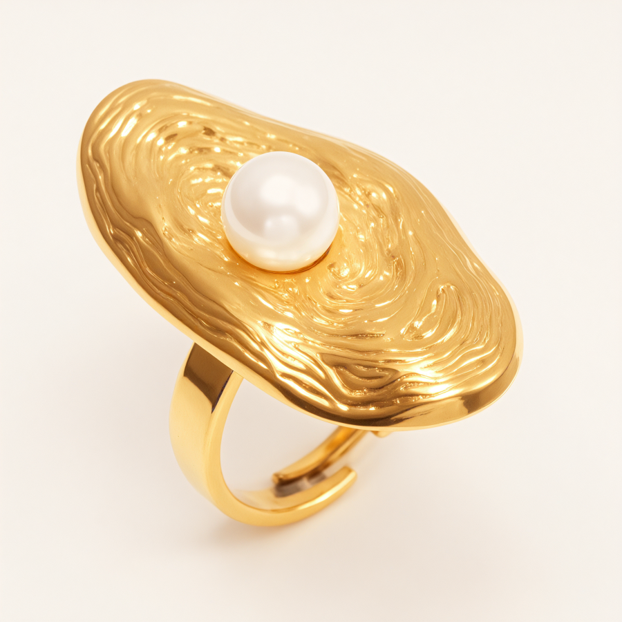 Gold Wave Pearl Luxury Fashion Women's Stainless Steel Ring | G005541
