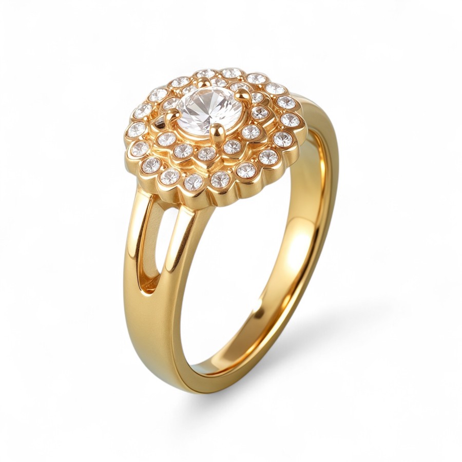 Gold Flower Diamond Large Size Women's Stainless Steel Waterproof Ring丨PL209