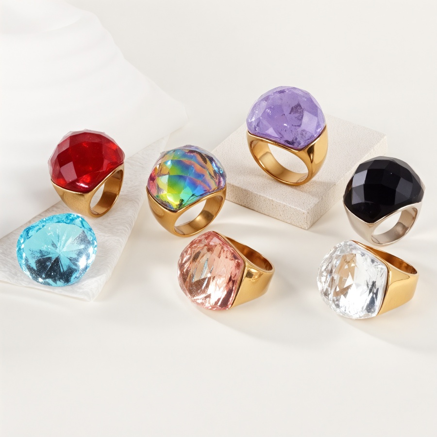 24K Gold PVD Stainless Steel Fashion Multi-Color Gem Women's Ring丨K002622