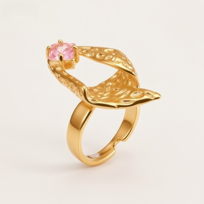 Vintage Stainless Steel Pink Crystal Irregular Ring for Women | G005764