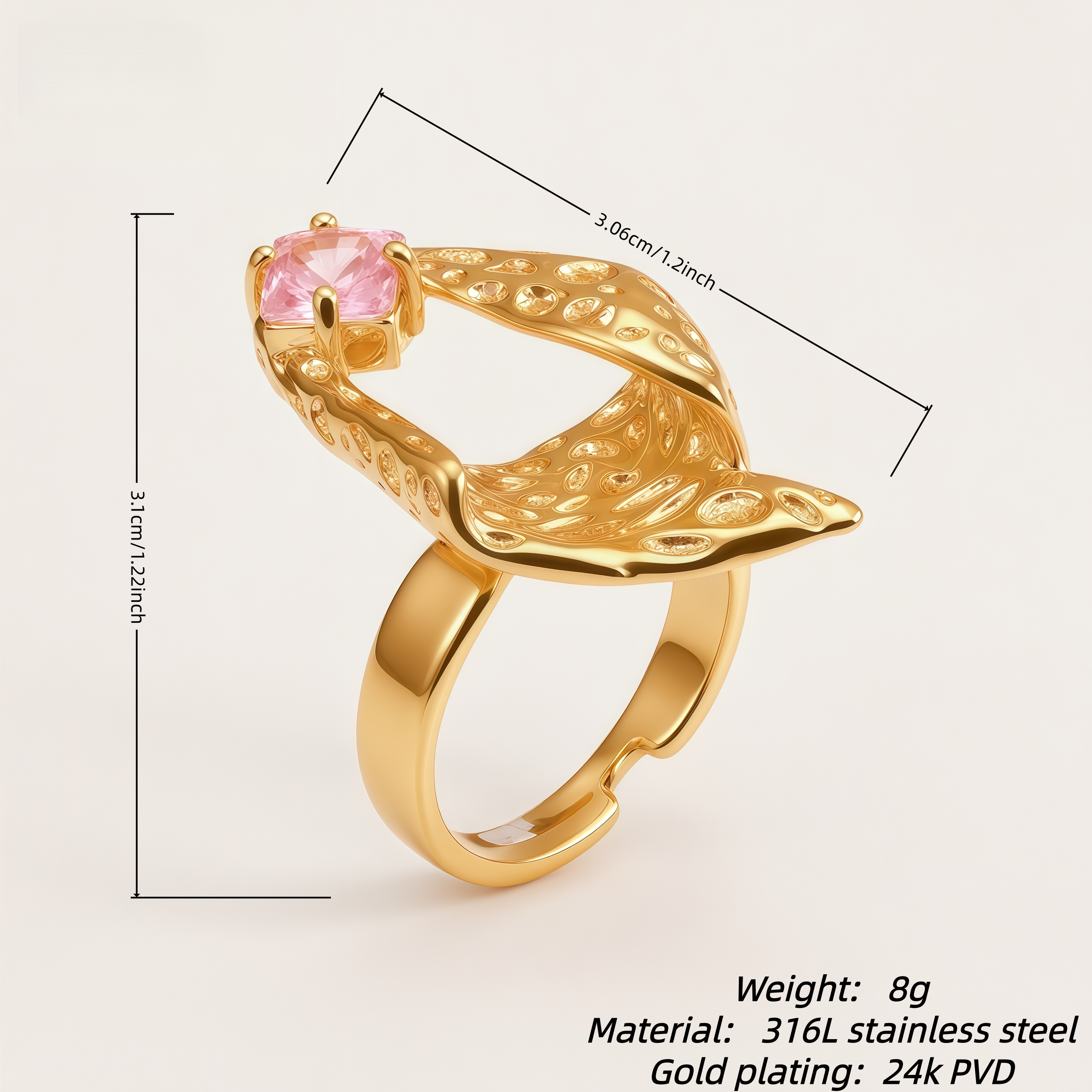 Vintage Stainless Steel Pink Crystal Irregular Ring for Women | G005764