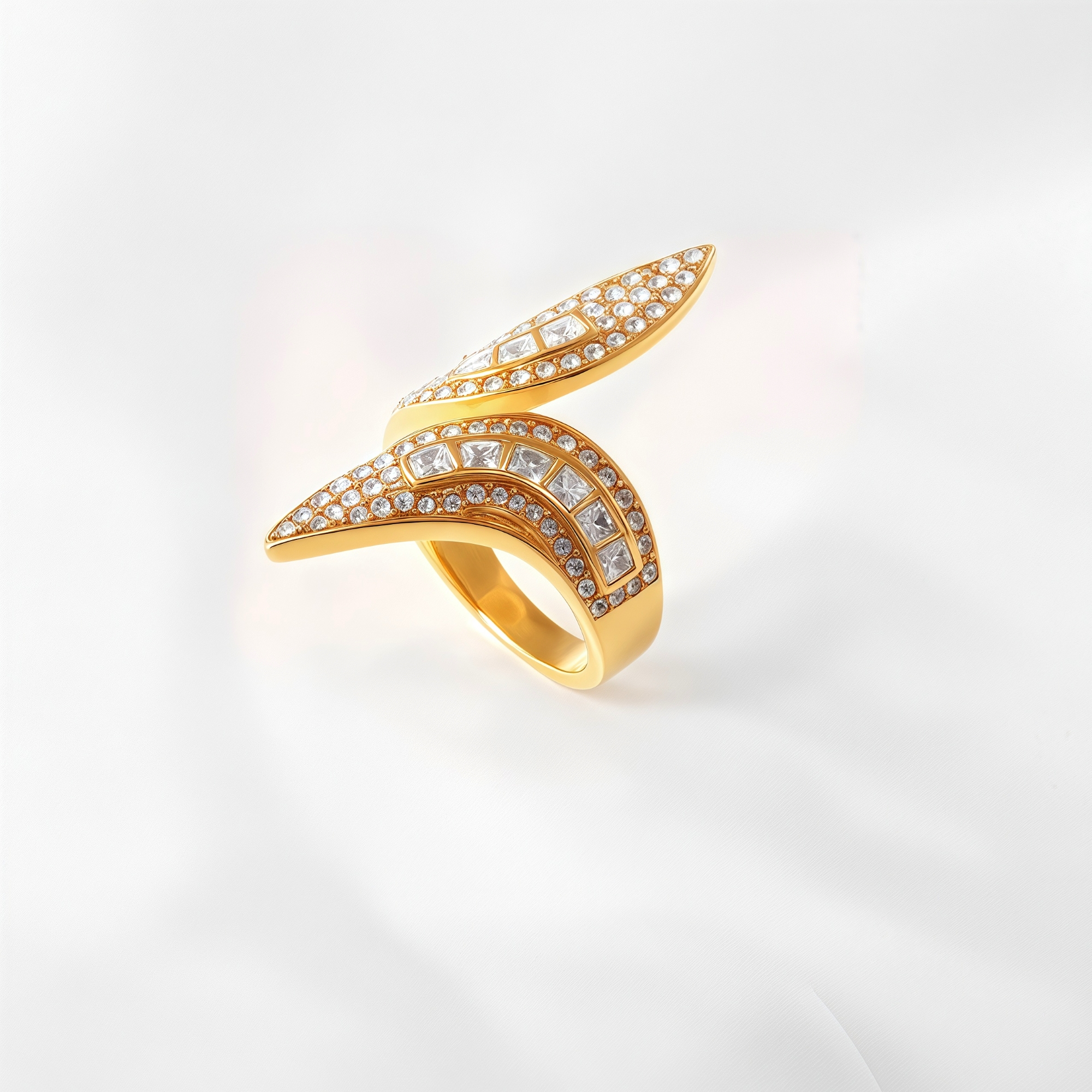 Luxurious Crystal Ring Curved Geometric Golden Style for Women | DZ1543-JinBaoJewerly